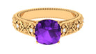 Rosec Jewels-Cushion Cut Solitaire Amethyst Floral Engagement Ring with Diamond