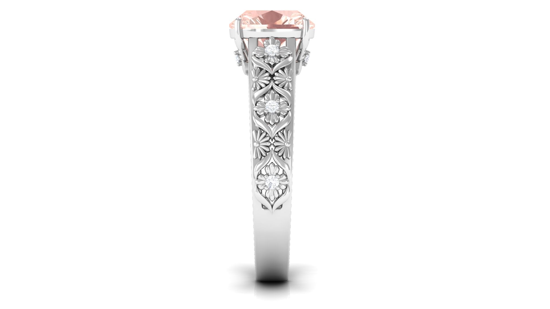 Rosec Jewels-Cushion Cut Solitaire Morganite Floral Engagement Ring with Diamond