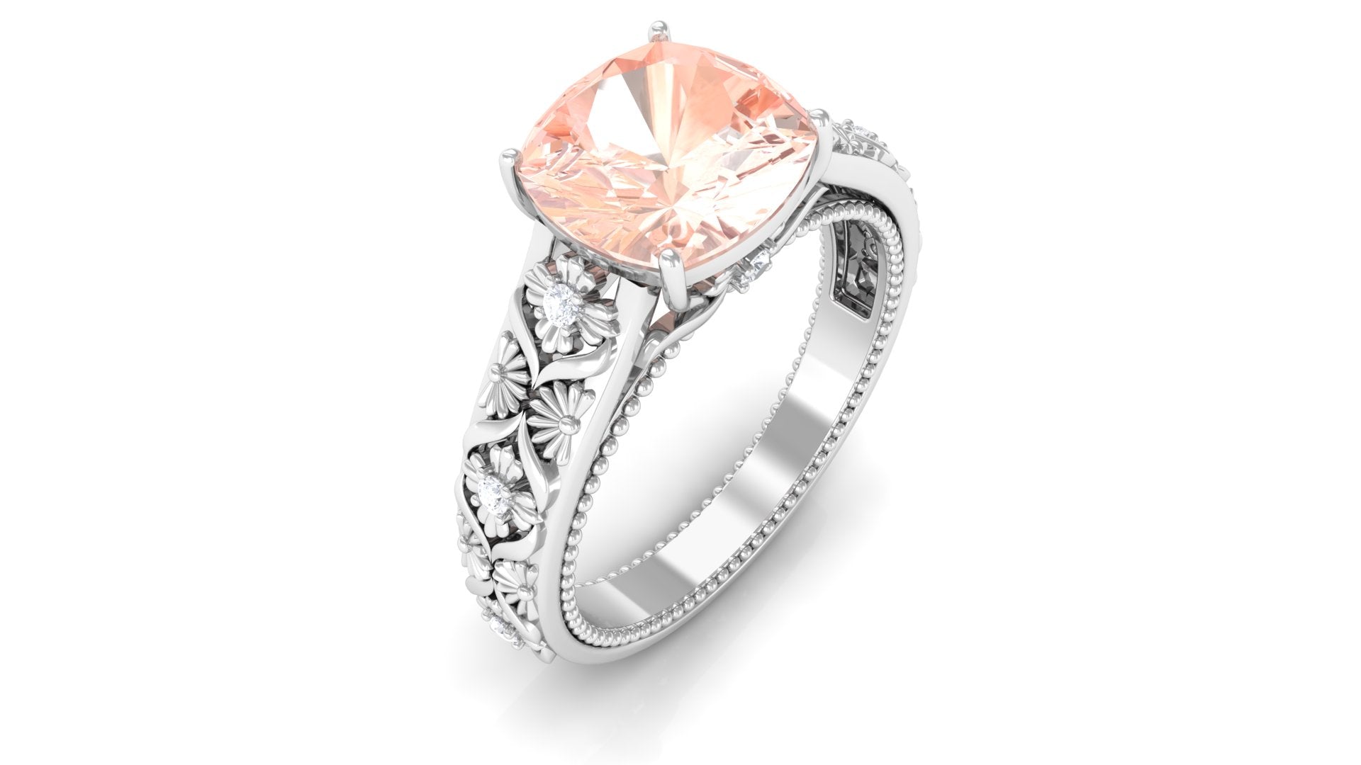 Rosec Jewels-Cushion Cut Solitaire Morganite Floral Engagement Ring with Diamond