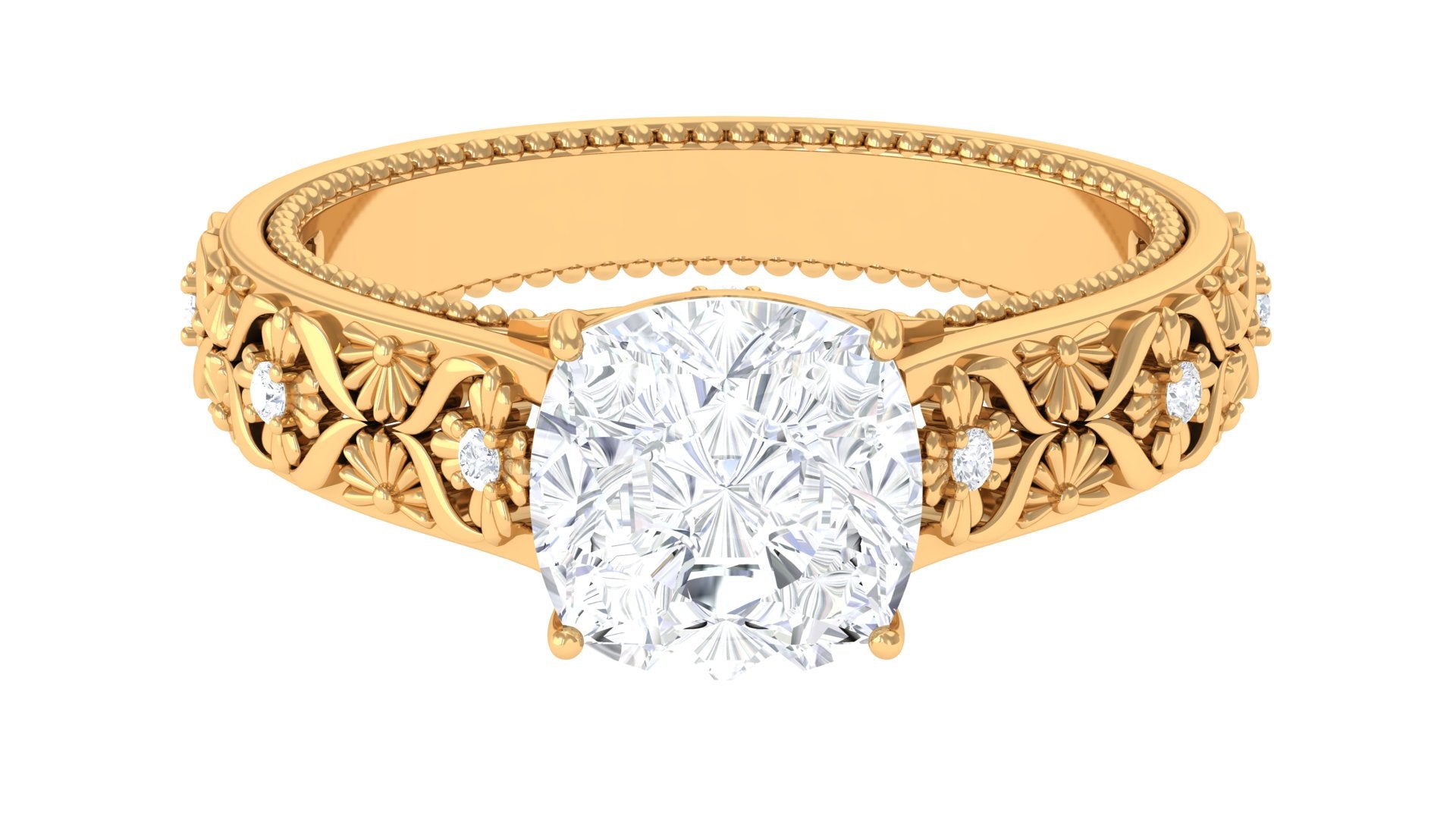 Rosec Jewels-Cushion Cut Solitaire Zircon Gold Floral Engagement Ring