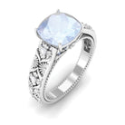 Rosec Jewels-Cushion Cut Solitaire Moonstone Floral Engagement Ring with Diamond