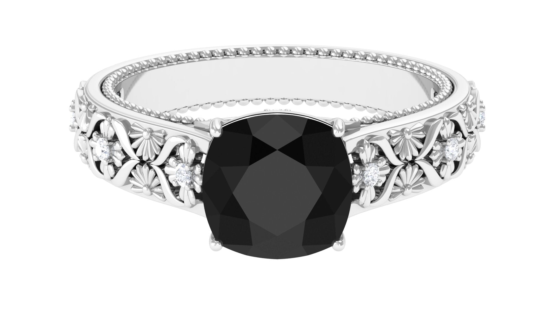 Rosec Jewels-Cushion Cut Solitaire Black Onyx Floral Engagement Ring with Diamond