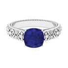 Rosec Jewels-Cushion Cut Solitaire Created Blue Sapphire Floral Engagement Ring with Diamond