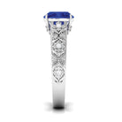 Rosec Jewels-Cushion Cut Solitaire Created Blue Sapphire Floral Engagement Ring with Diamond