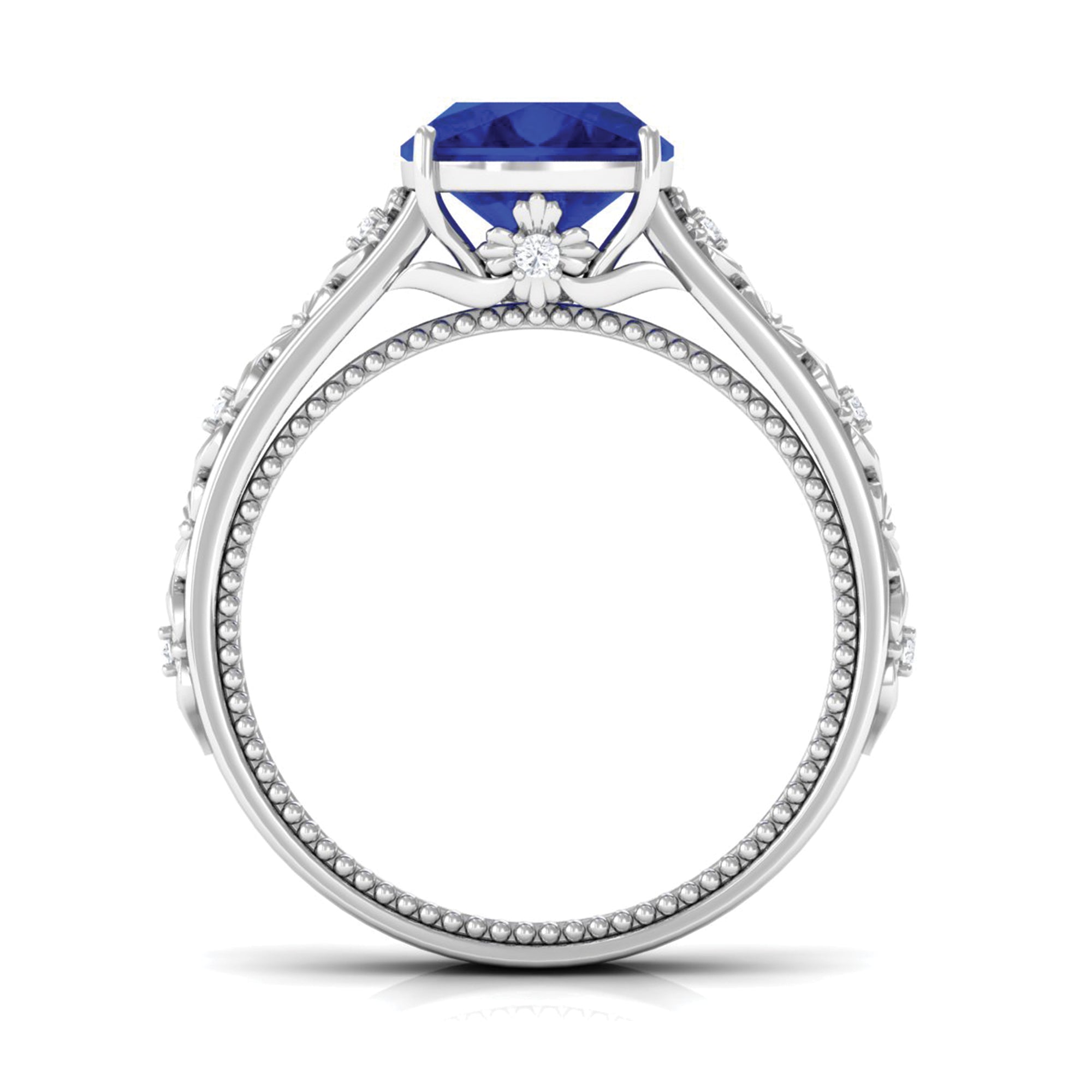 Rosec Jewels-Cushion Cut Solitaire Created Blue Sapphire Floral Engagement Ring with Diamond