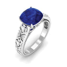 Rosec Jewels-Cushion Cut Solitaire Created Blue Sapphire Floral Engagement Ring with Diamond