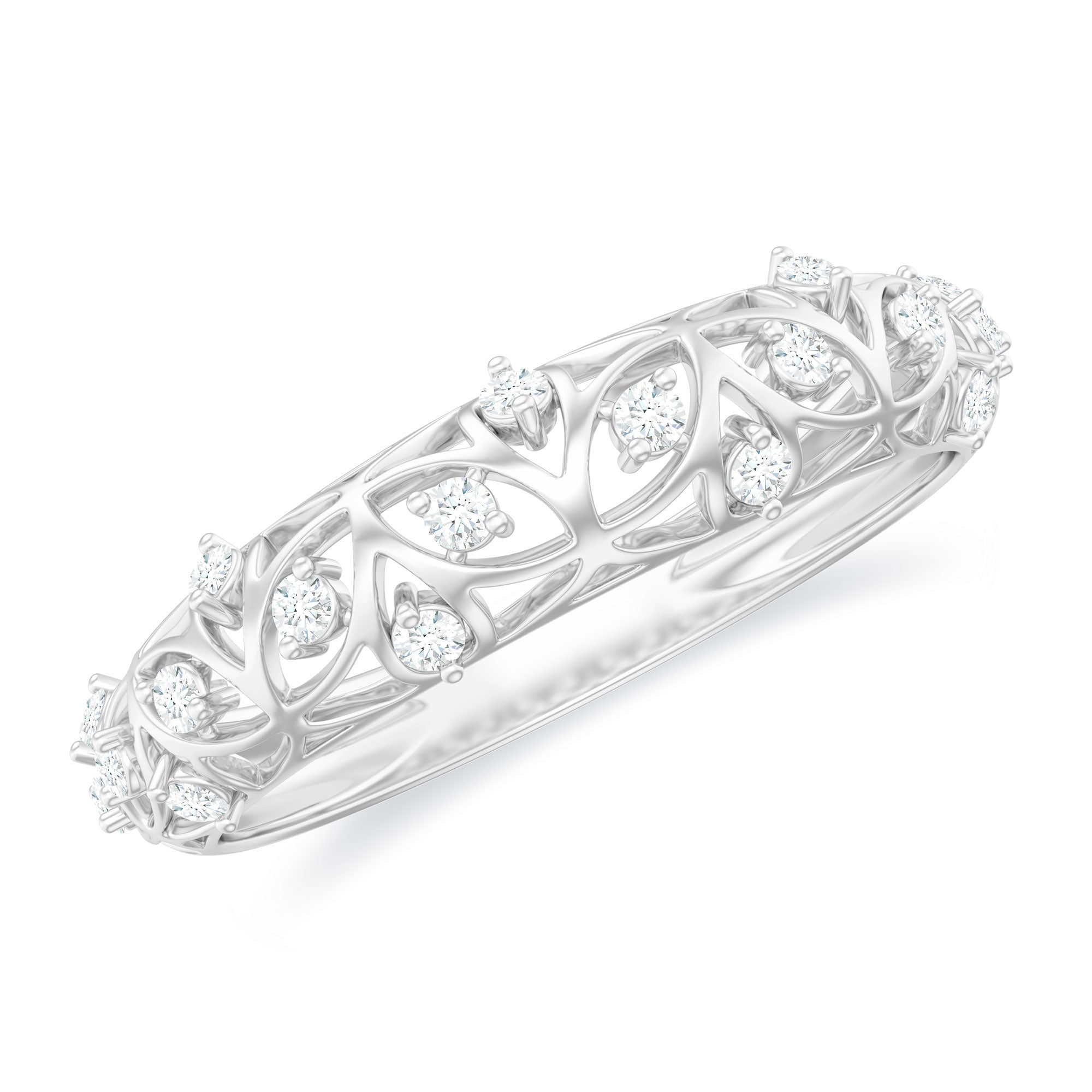 Rosec Jewels-Round Zircon Semi Eternity Band Ring with Gold Filigree Details