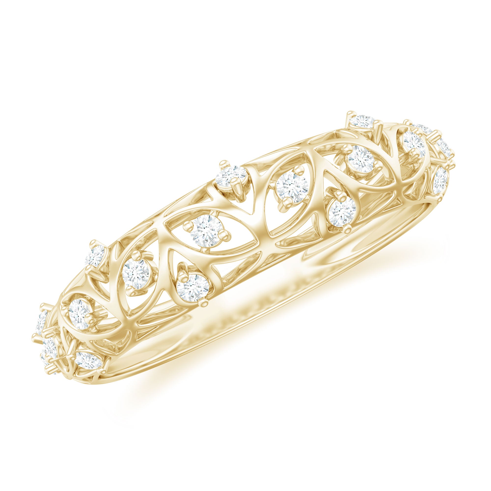 Rosec Jewels-Round Zircon Semi Eternity Band Ring with Gold Filigree Details