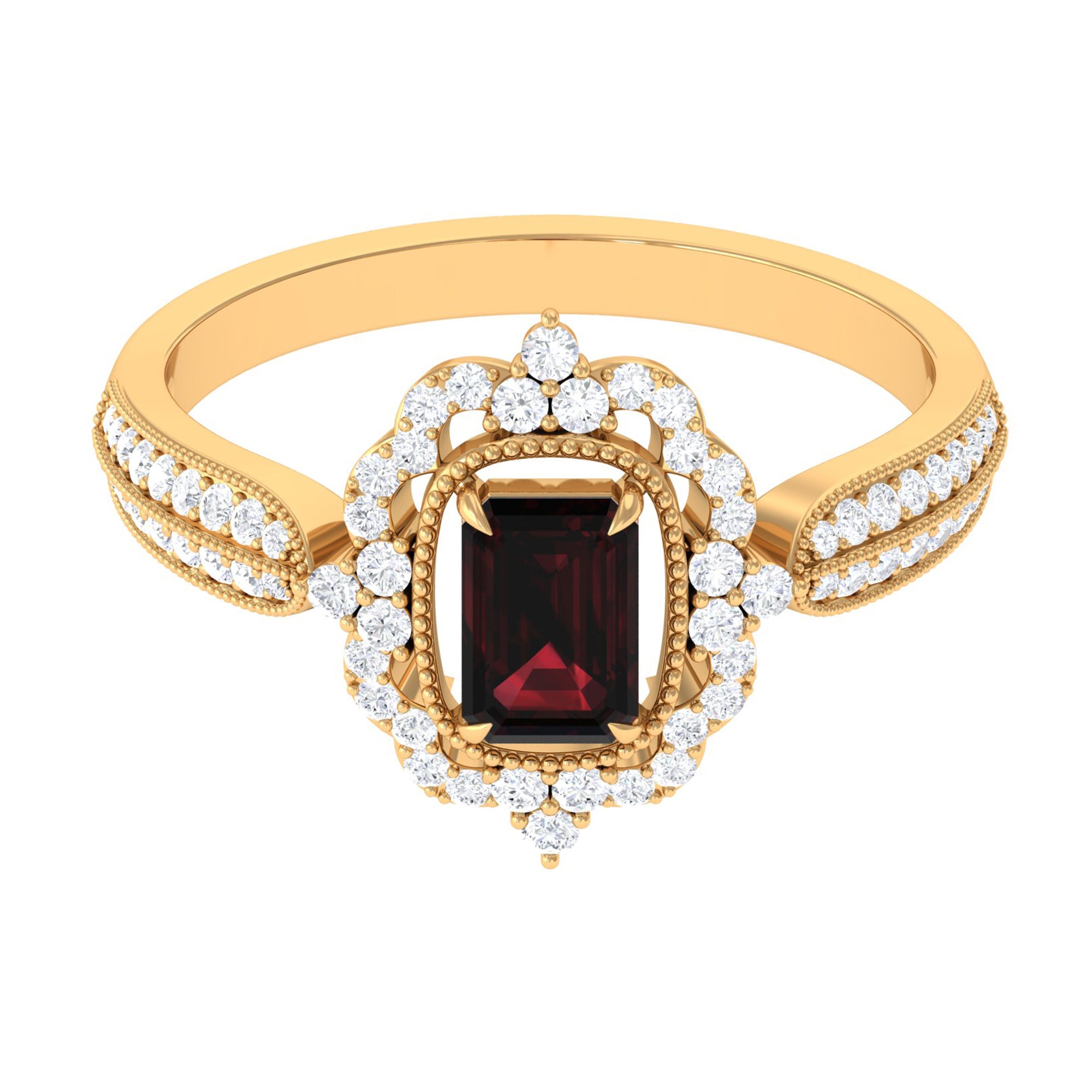 Rosec Jewels-Vintage Style Octagon Garnet Engagement Ring with Diamond Floral Halo