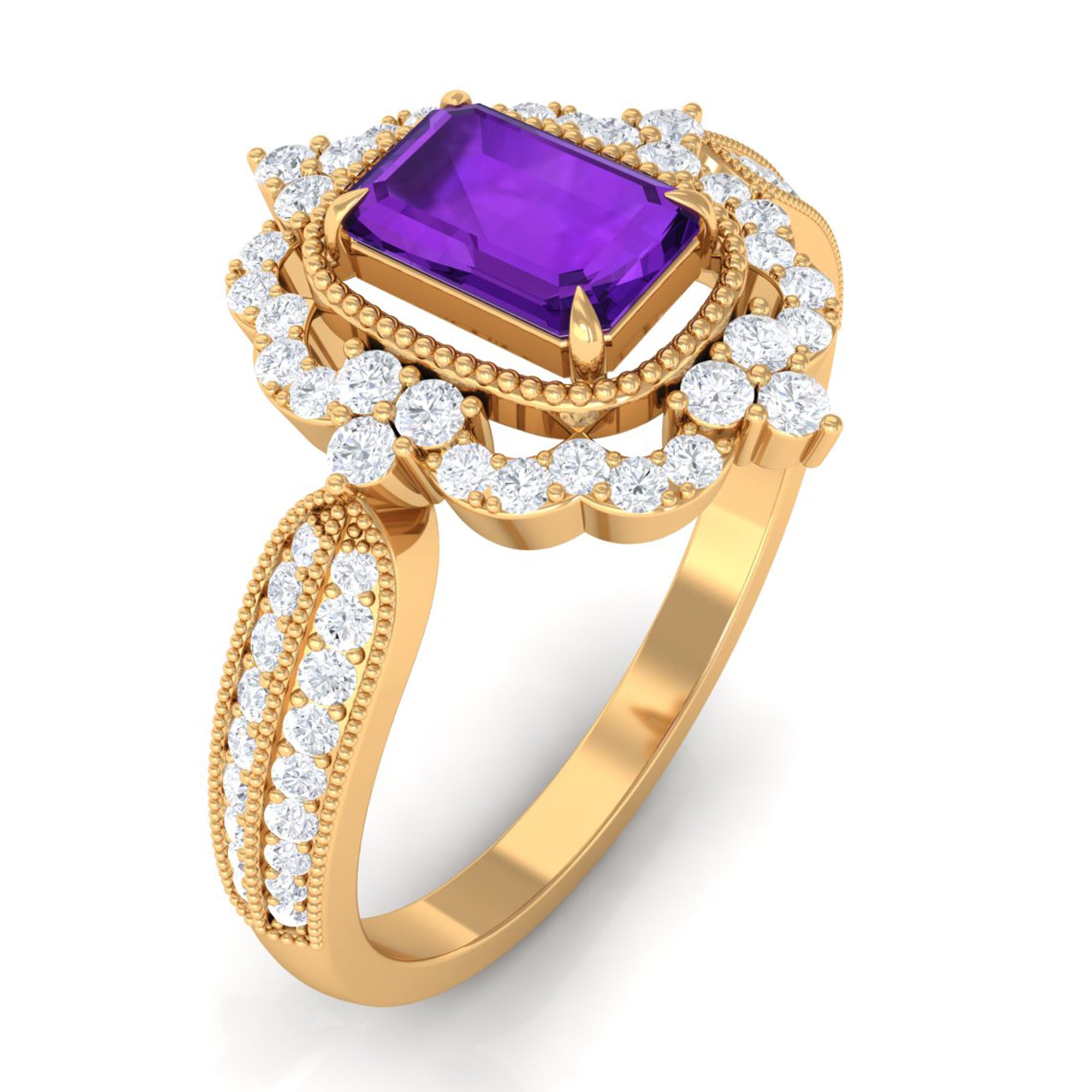 Rosec Jewels-Vintage Style Octagon Amethyst Engagement Ring with Diamond Floral Halo