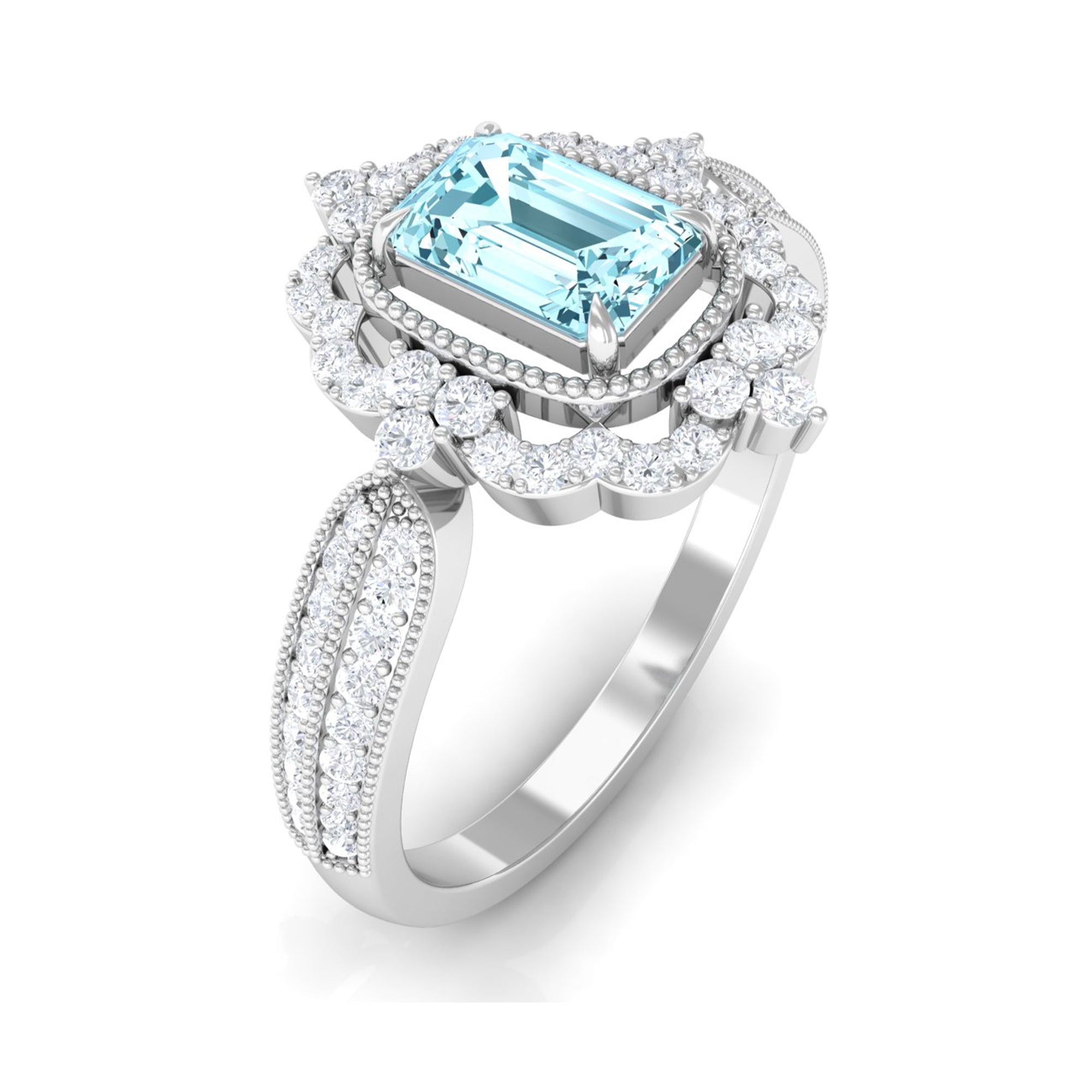 Rosec Jewels-Vintage Style Octagon Aquamarine Engagement Ring with Diamond Floral Halo