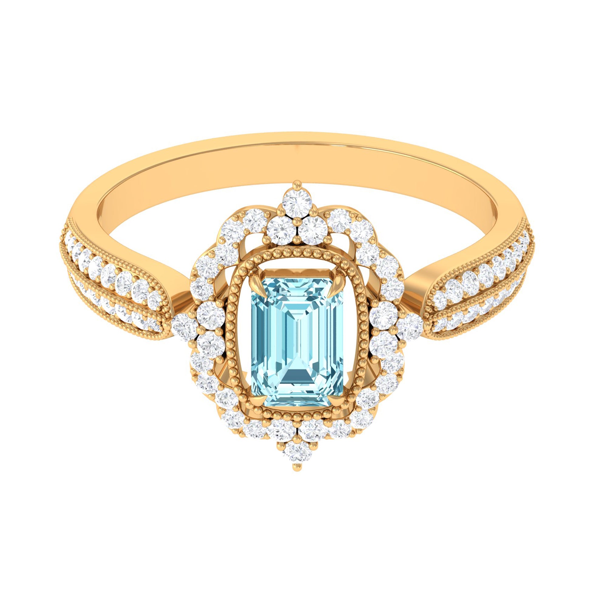 Rosec Jewels-Vintage Style Octagon Aquamarine Engagement Ring with Diamond Floral Halo