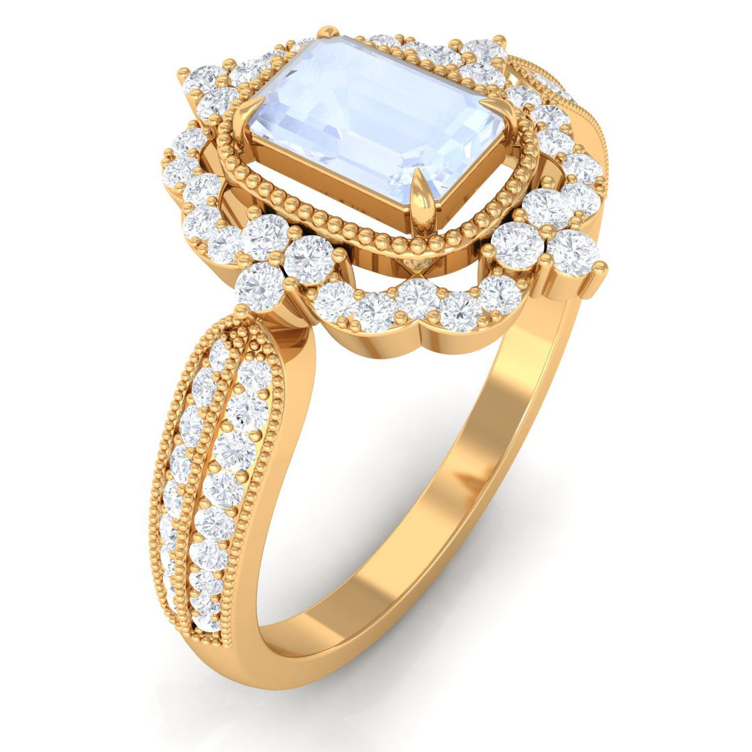 Rosec Jewels-Vintage Style Emerald Cut Moonstone Engagement Ring with Diamond Floral Halo