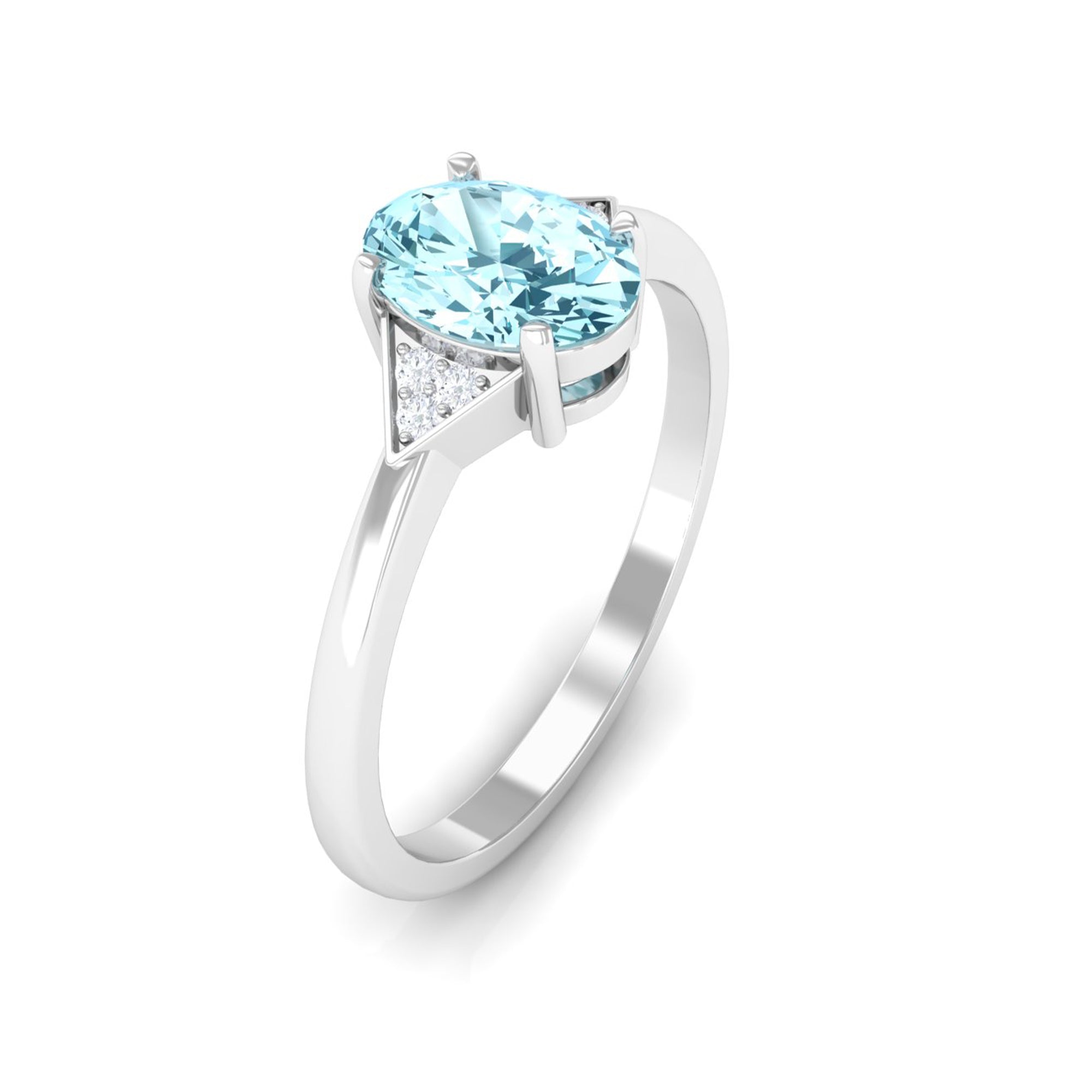 Rosec Jewels-Oval Aquamarine Solitaire Ring with Diamond Accent