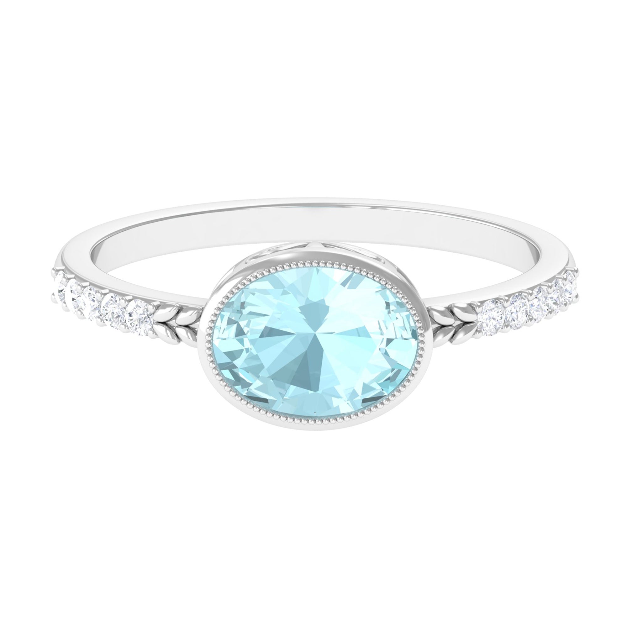 Rosec Jewels-Bezel Set Oval Sky Blue Topaz East West Engagement Ring with Diamond