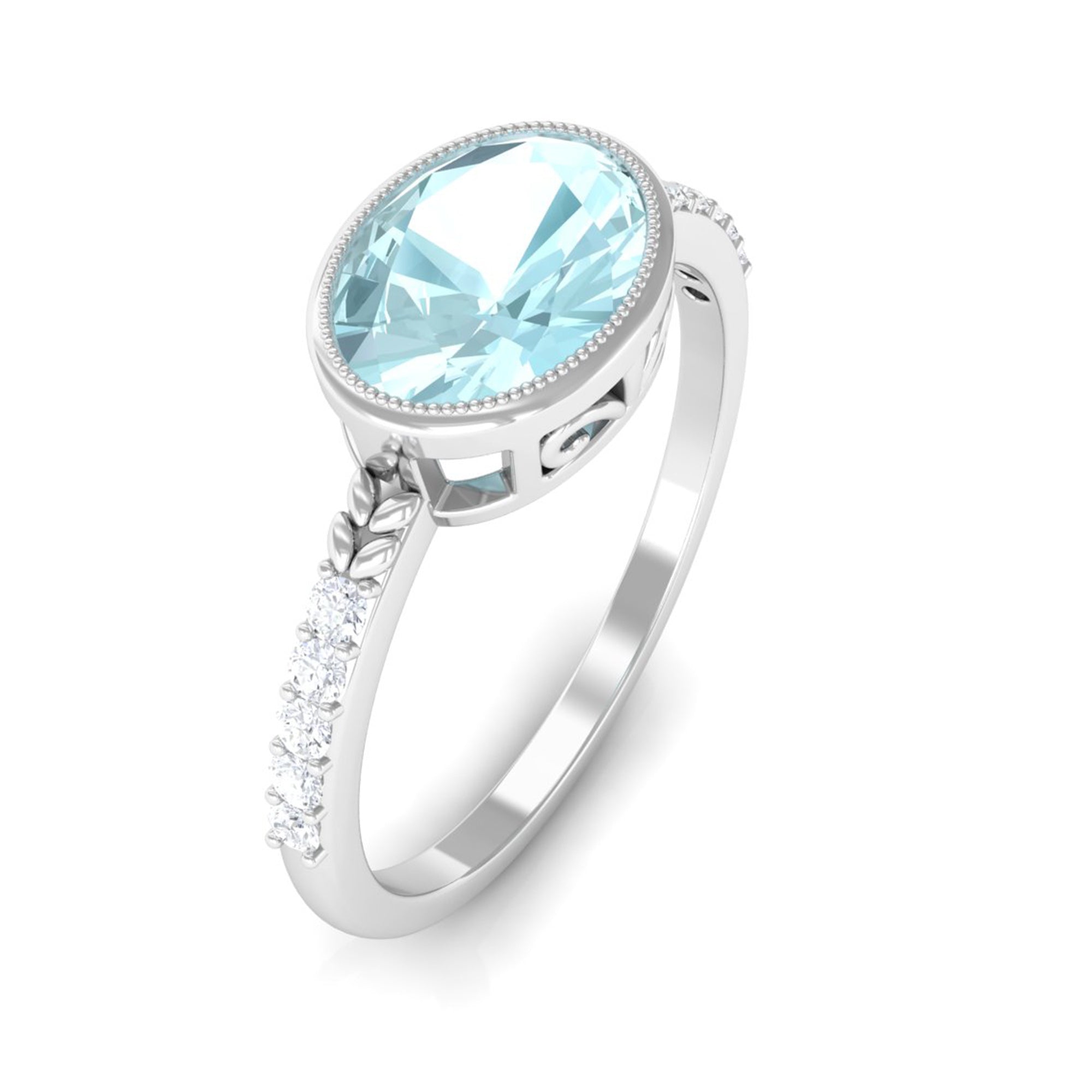 Rosec Jewels-Bezel Set Oval Sky Blue Topaz East West Engagement Ring with Diamond