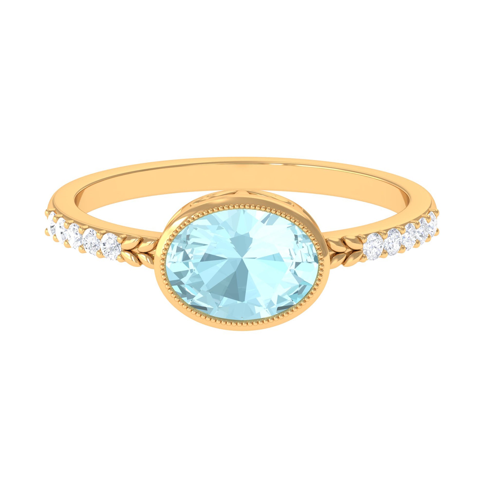 Rosec Jewels-Bezel Set Oval Sky Blue Topaz East West Engagement Ring with Diamond