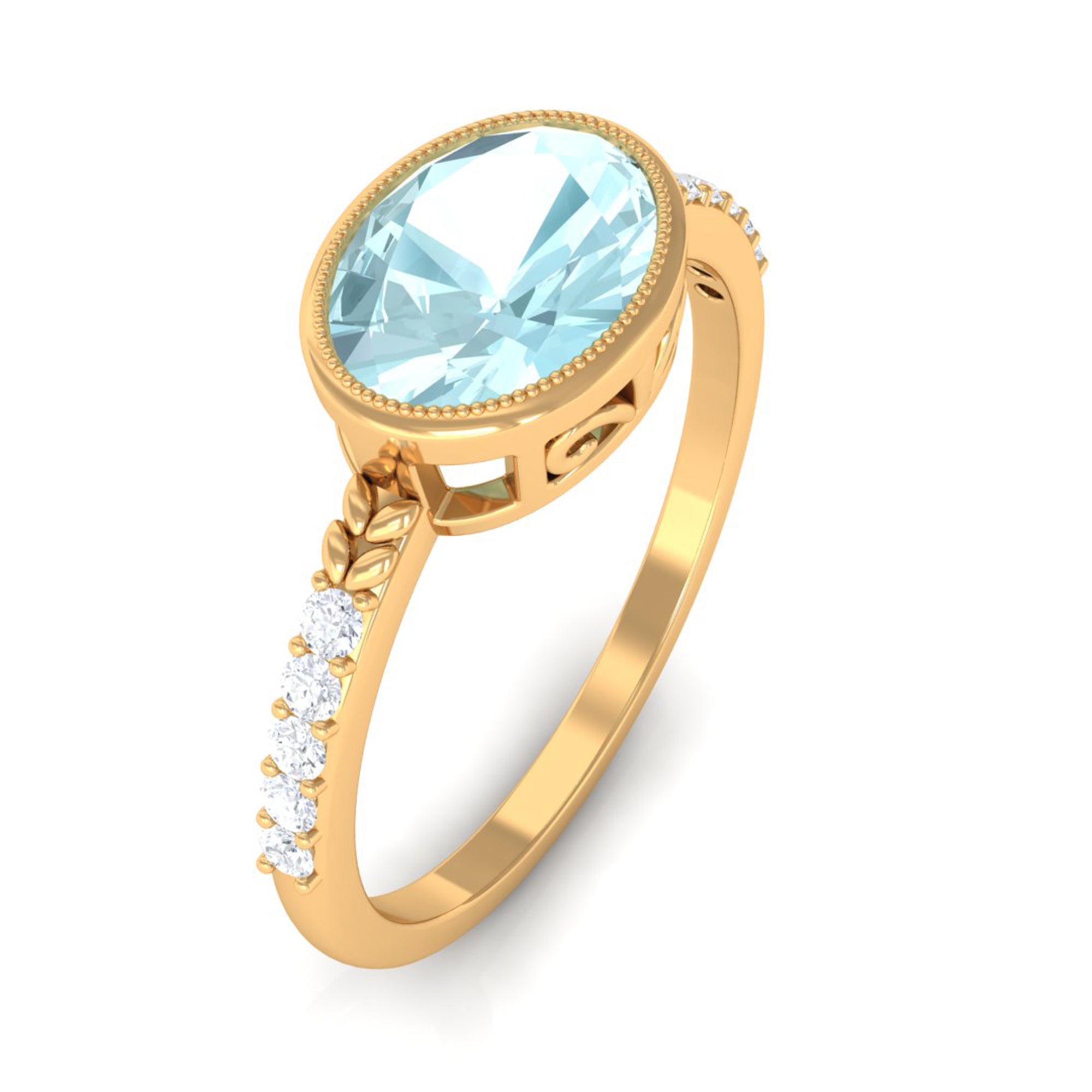 Rosec Jewels-Bezel Set Oval Sky Blue Topaz East West Engagement Ring with Diamond