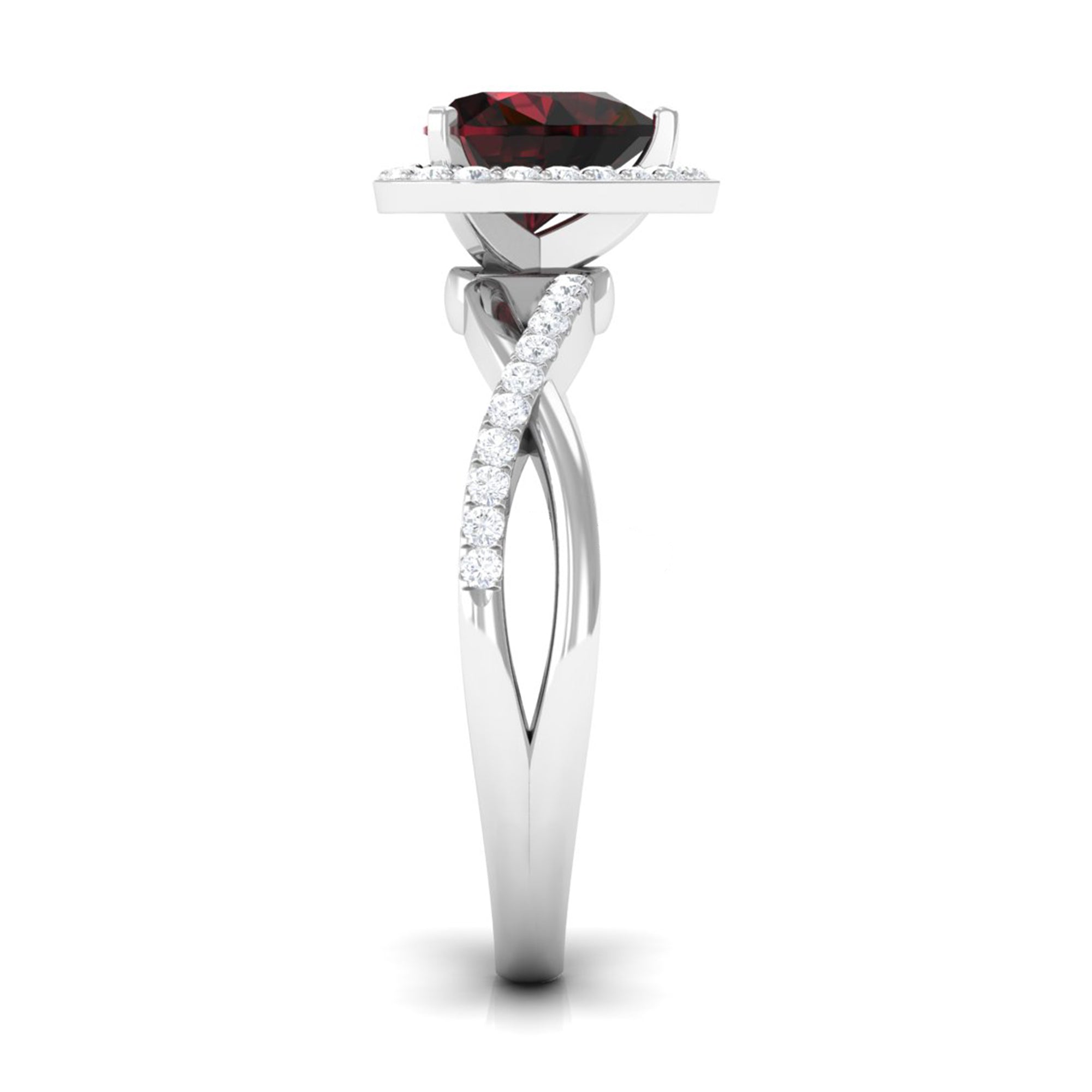 Rosec Jewels-Heart Shape Garnet Crossover Engagement Ring with Diamond