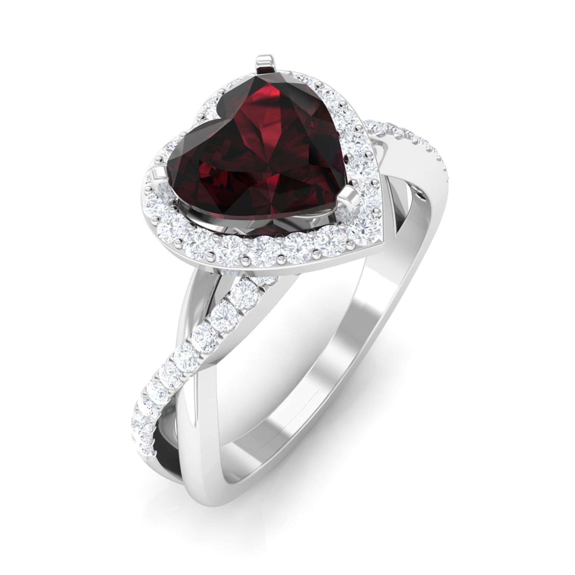 Rosec Jewels-Heart Shape Garnet Crossover Engagement Ring with Diamond