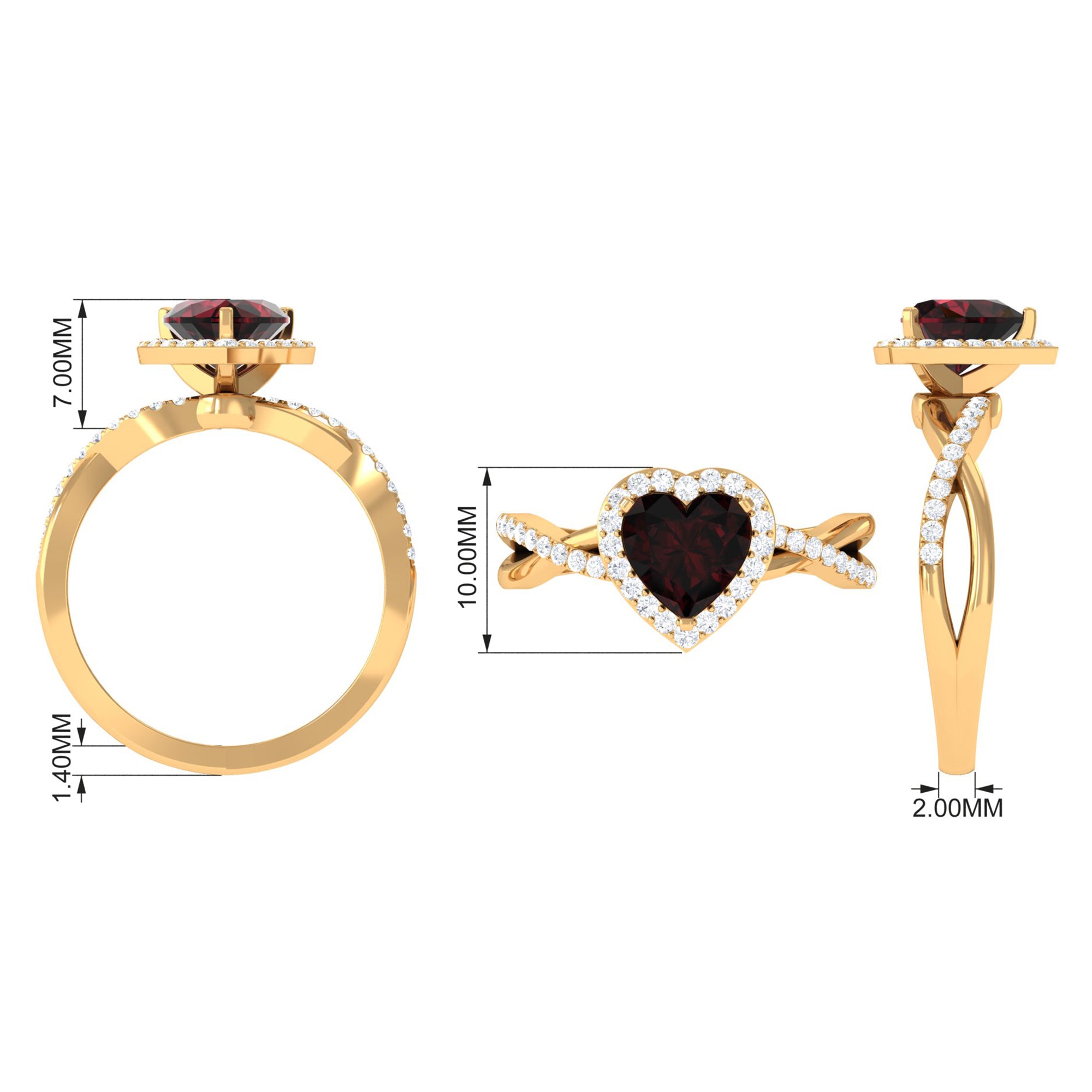 Rosec Jewels-Heart Shape Garnet Crossover Engagement Ring with Diamond