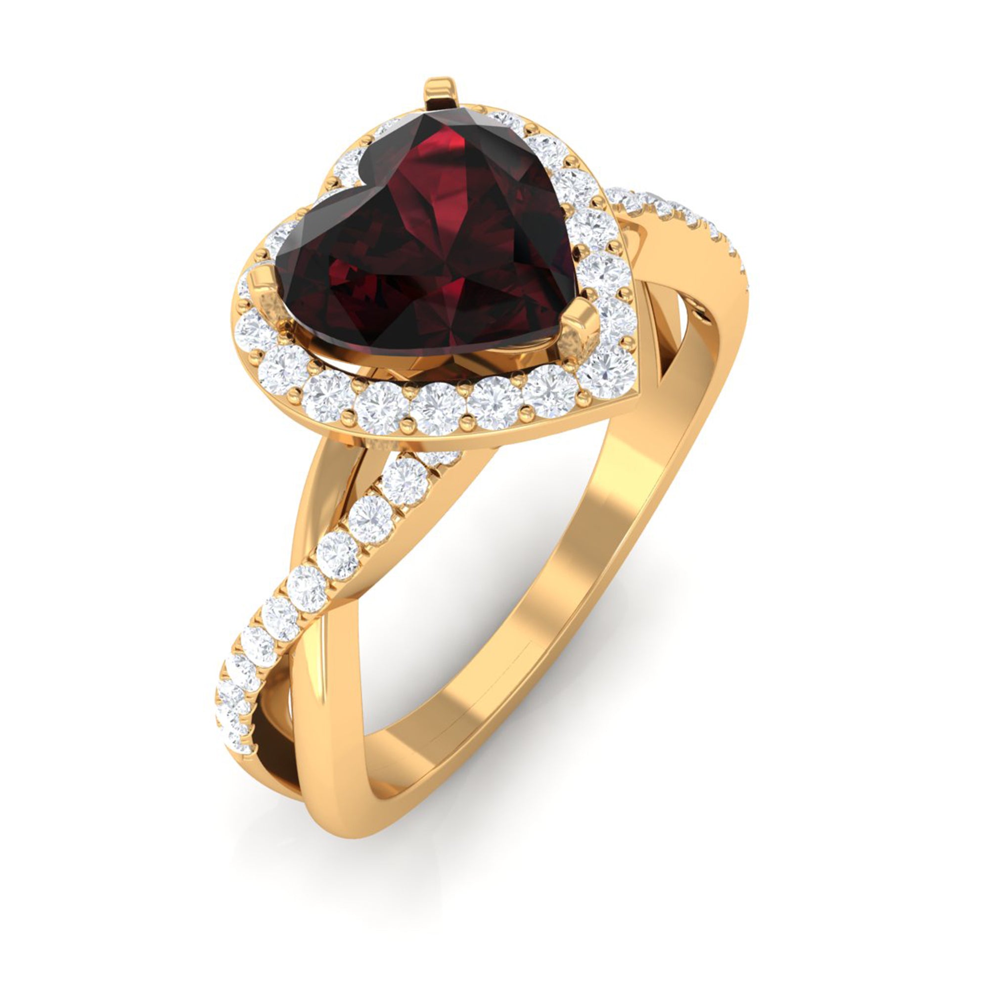 Rosec Jewels-Heart Shape Garnet Crossover Engagement Ring with Diamond