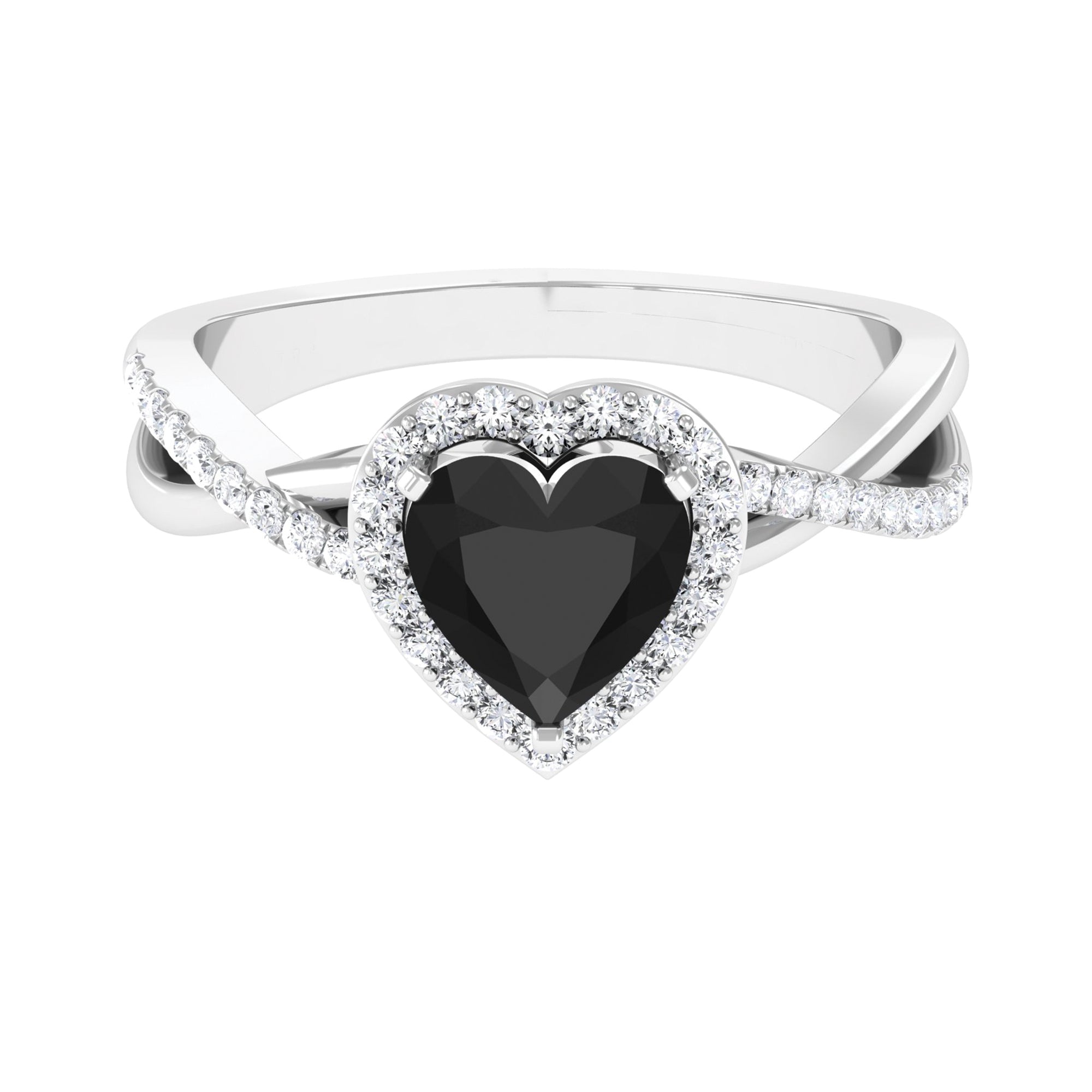 Rosec Jewels-Heart Shape Created Black Diamond Crossover Engagement Ring with Diamond