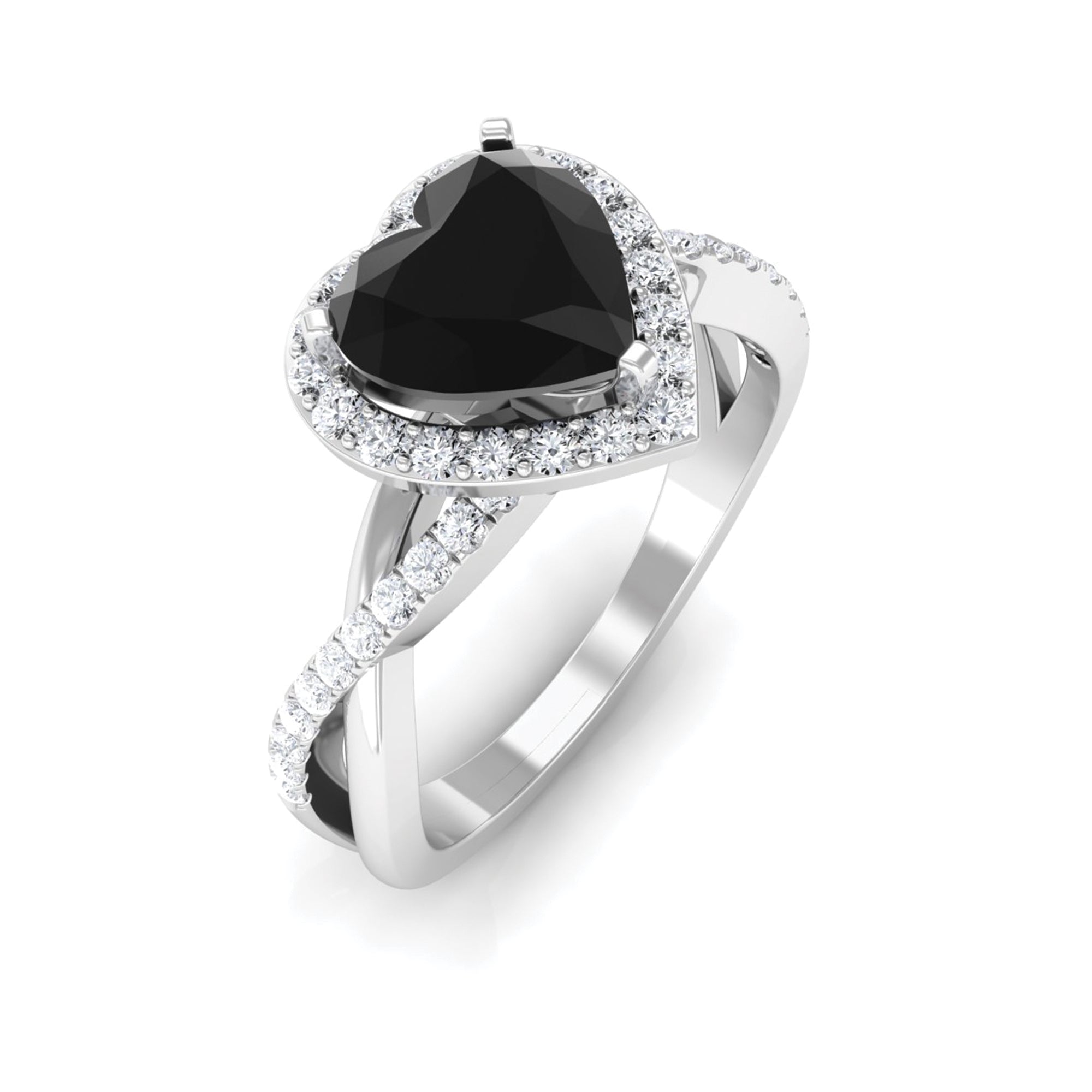 Rosec Jewels-Heart Shape Created Black Diamond Crossover Engagement Ring with Diamond