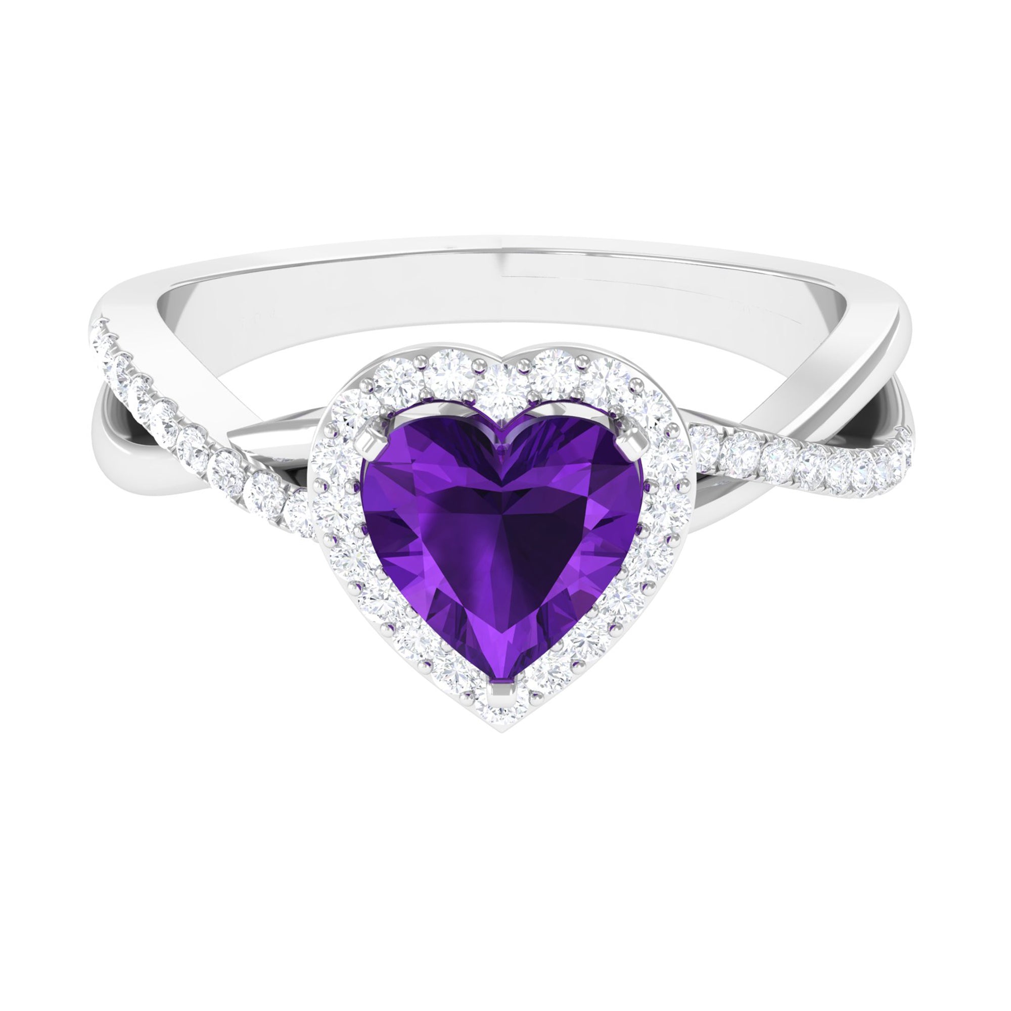 Rosec Jewels-Heart Shape Amethyst Crossover Engagement Ring with Diamond