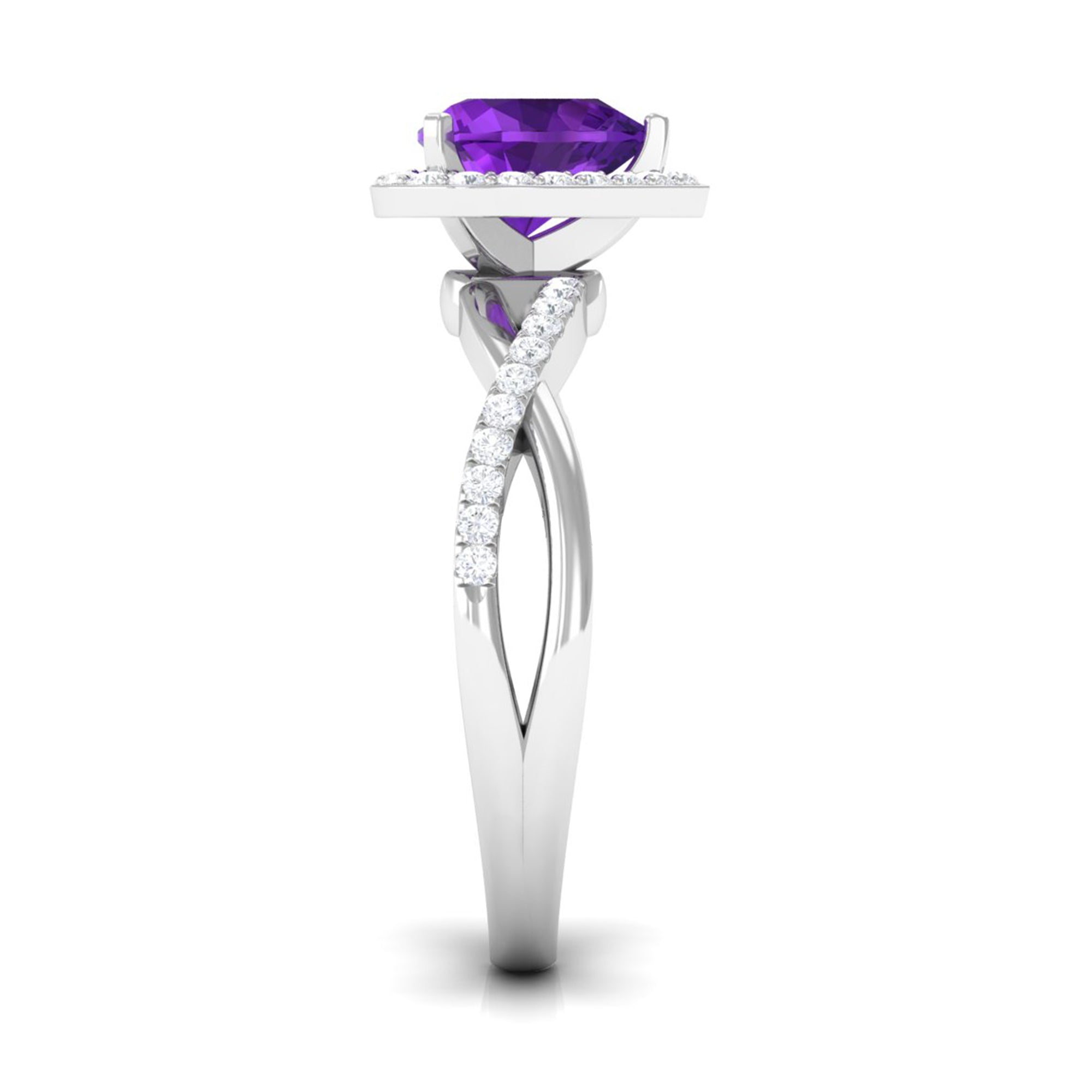 Rosec Jewels-Heart Shape Amethyst Crossover Engagement Ring with Diamond