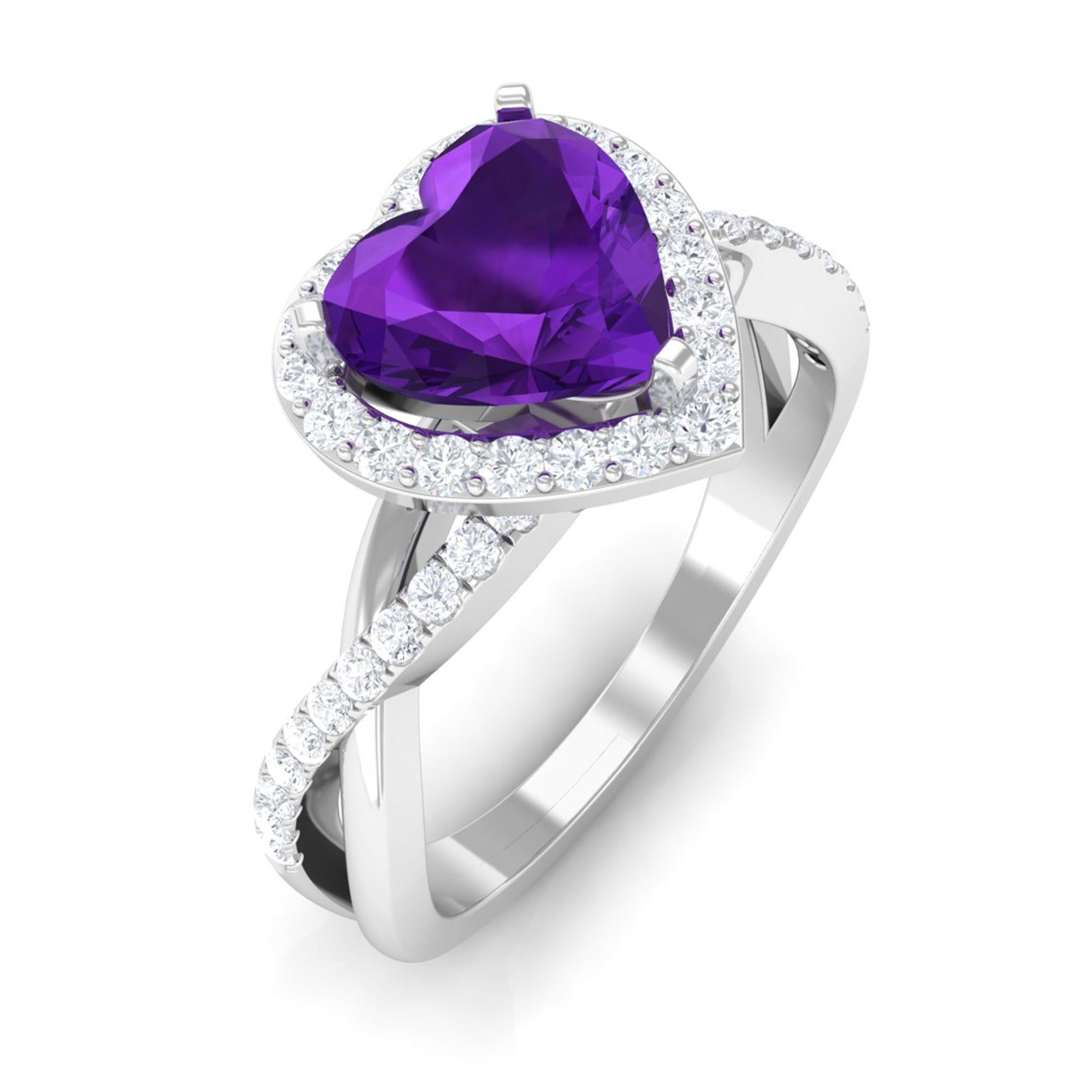 Rosec Jewels-Heart Shape Amethyst Crossover Engagement Ring with Diamond