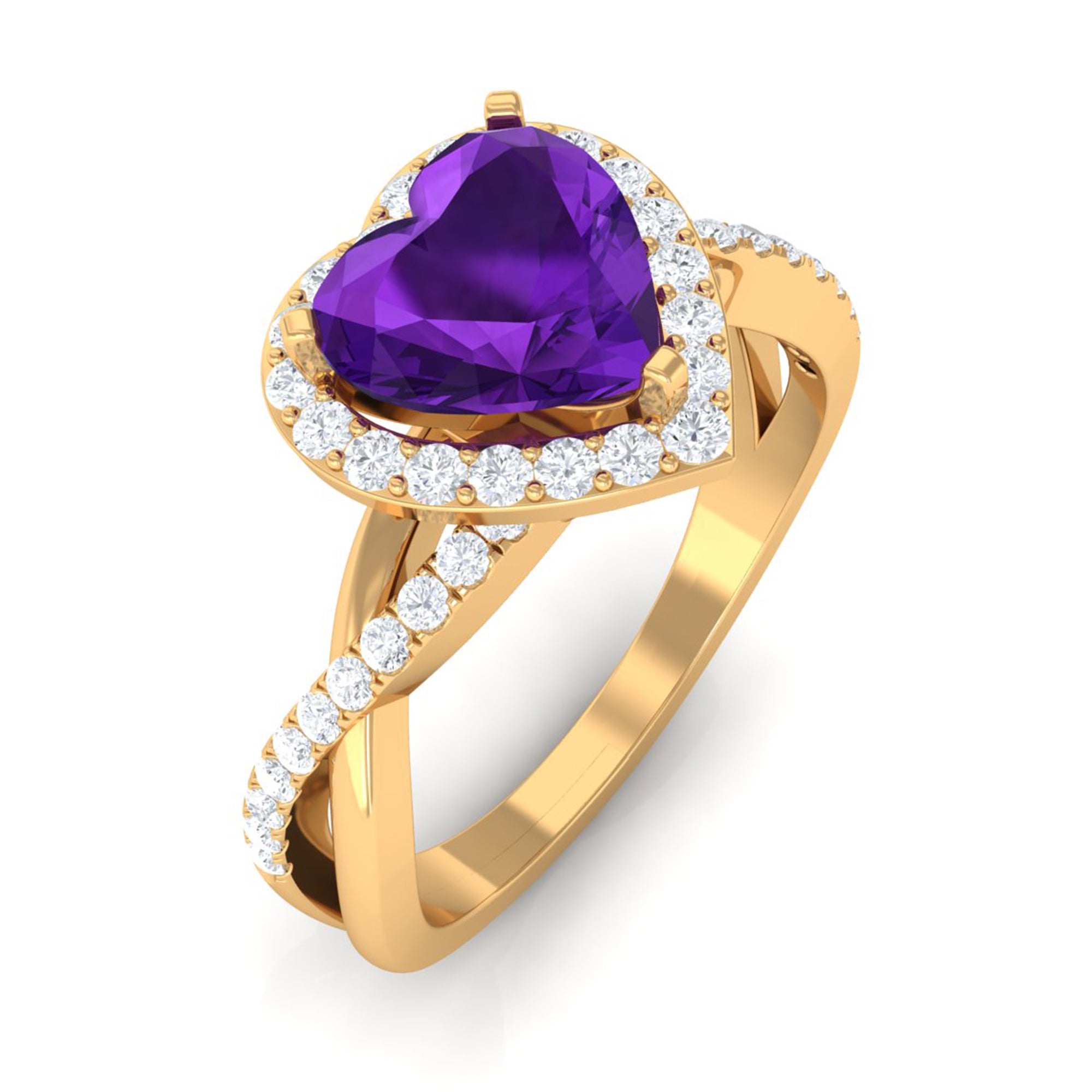 Rosec Jewels-Heart Shape Amethyst Crossover Engagement Ring with Diamond