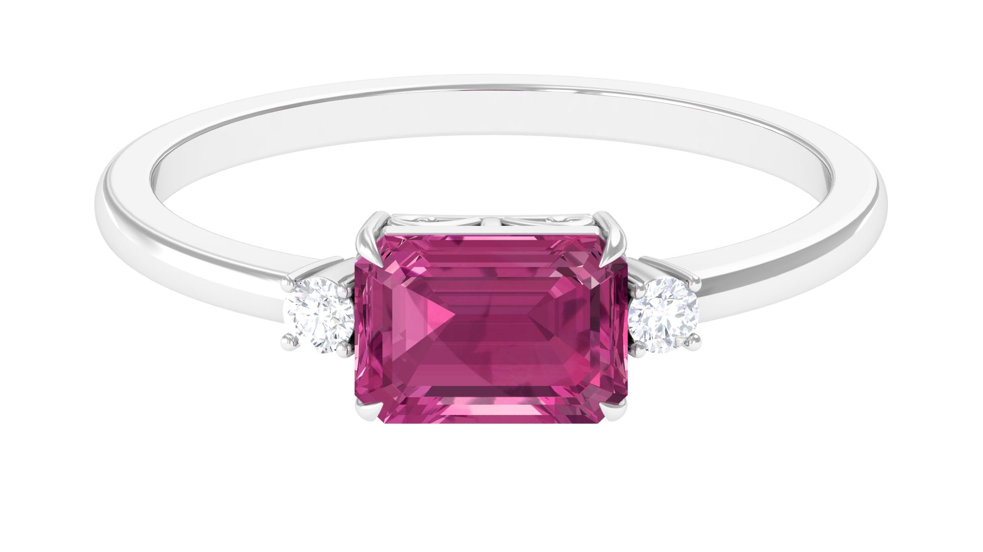 Rosec Jewels-Octagon Cut Pink Tourmaline East West Engagement Ring with Diamond