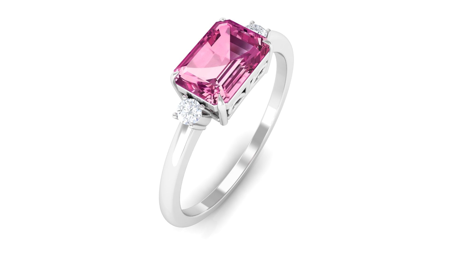 Rosec Jewels-Octagon Cut Pink Tourmaline East West Engagement Ring with Diamond