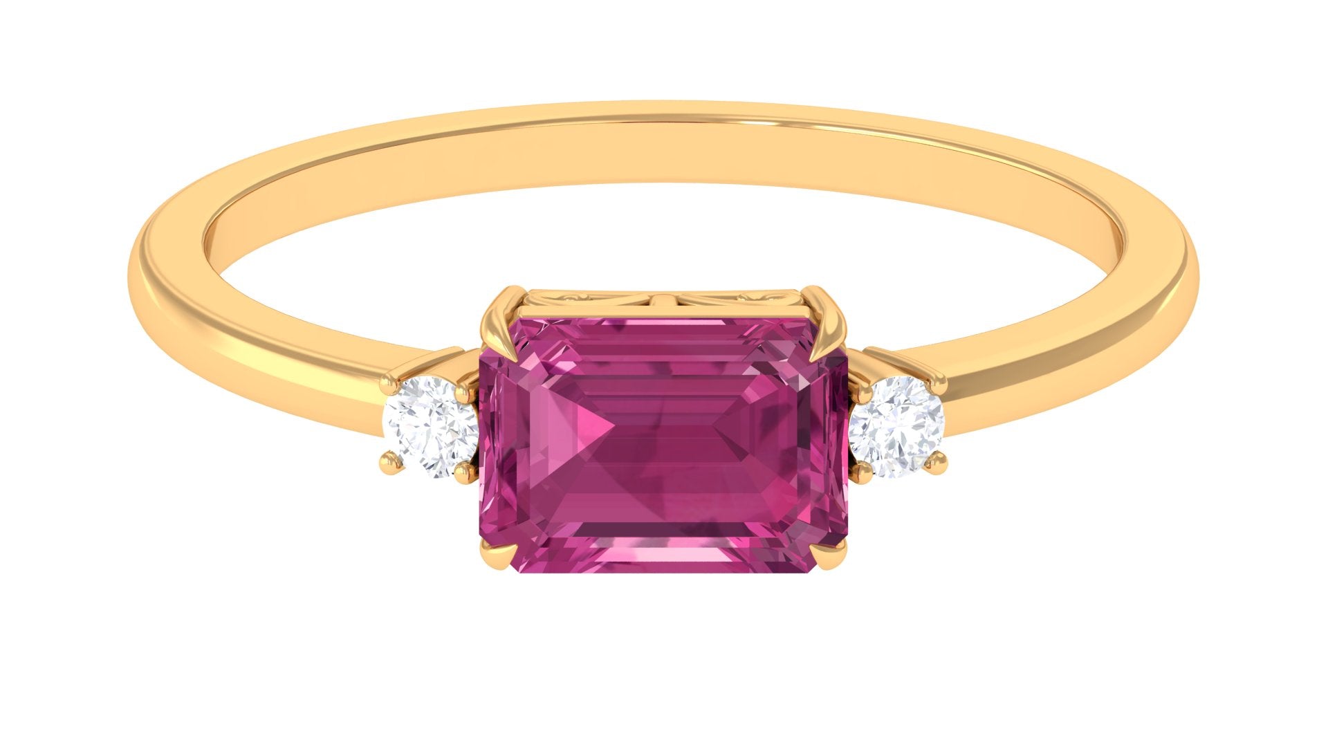 Rosec Jewels-Octagon Cut Pink Tourmaline East West Engagement Ring with Diamond