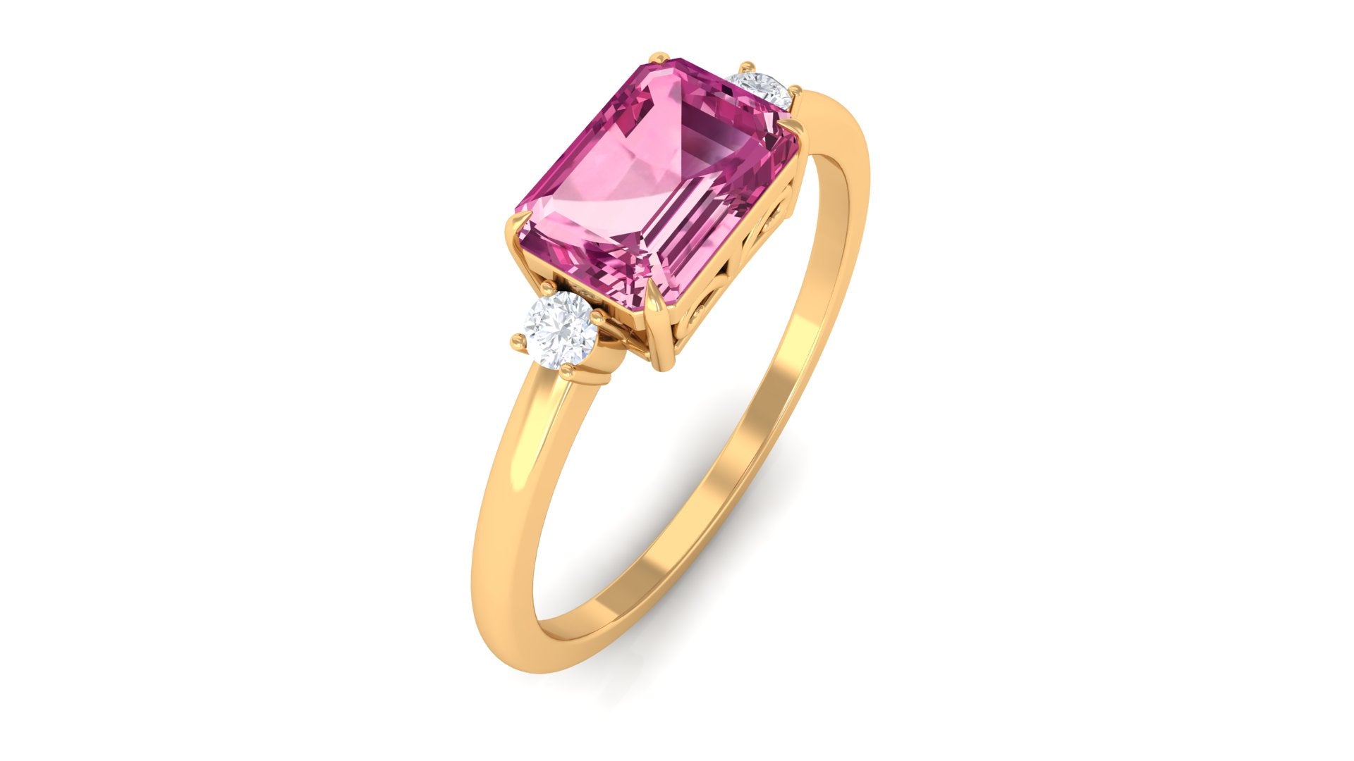 Rosec Jewels-Octagon Cut Pink Tourmaline East West Engagement Ring with Diamond