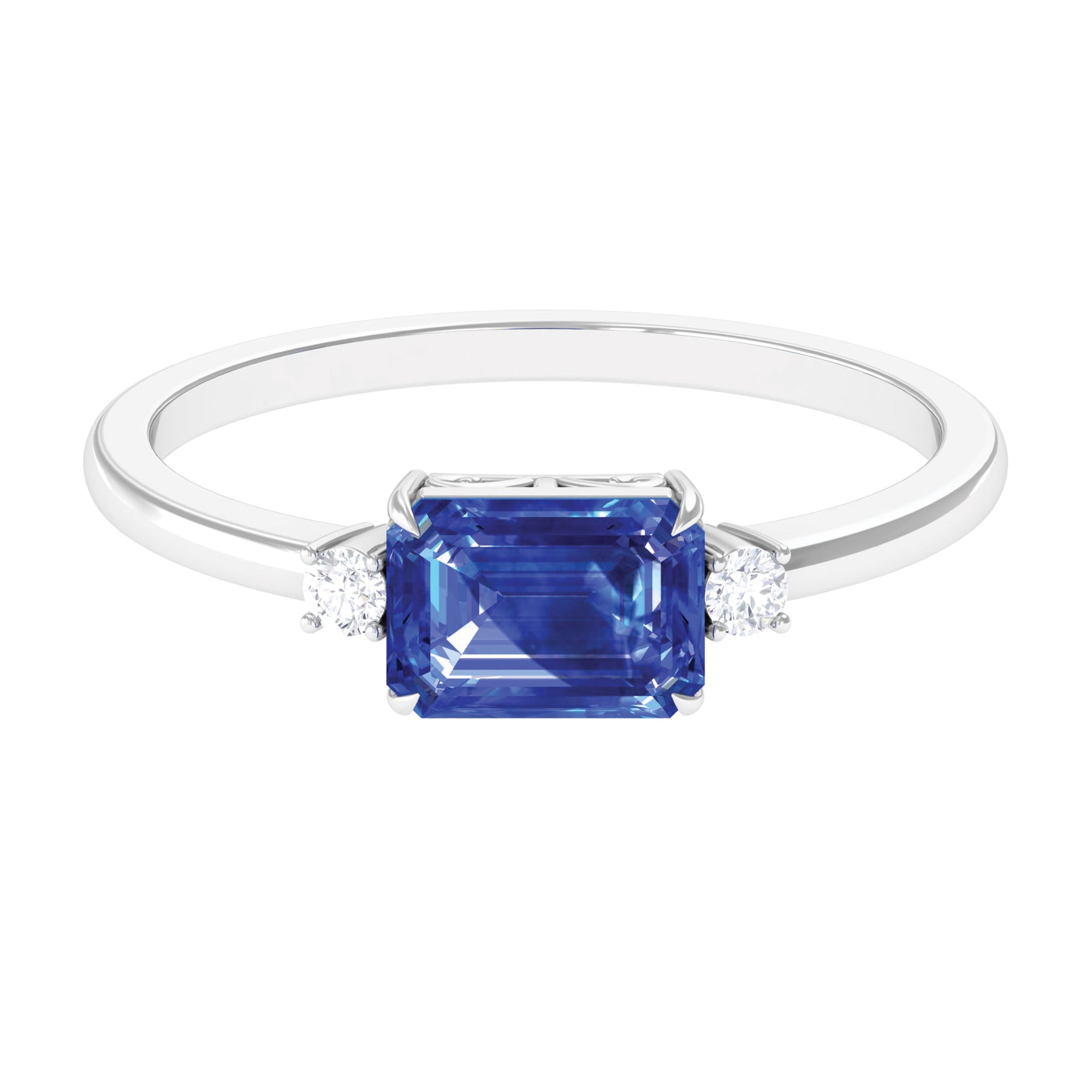 Rosec Jewels-Octagon Cut Created Blue Sapphire East West Engagement Ring with Diamond