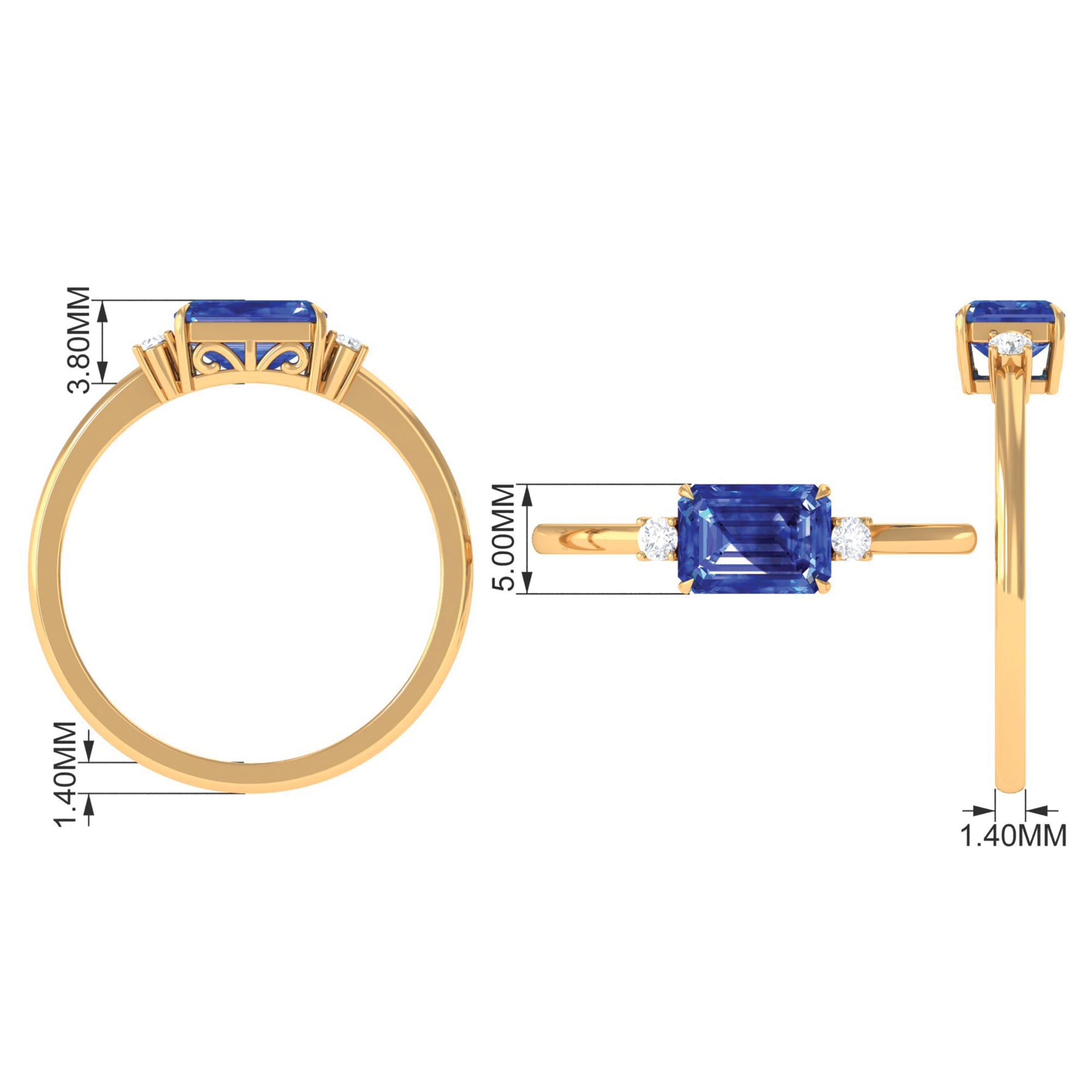 Rosec Jewels-Octagon Cut Created Blue Sapphire East West Engagement Ring with Diamond