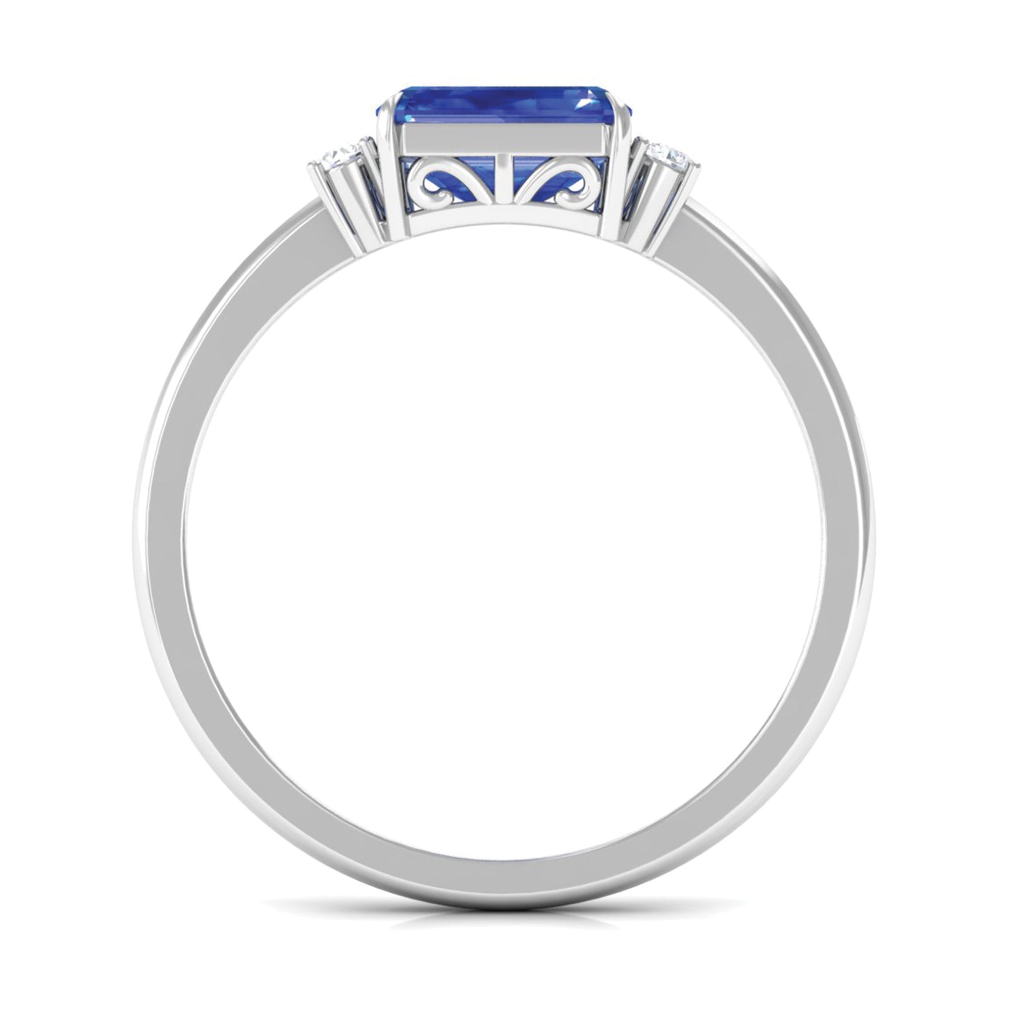 Rosec Jewels-Octagon Cut Created Blue Sapphire East West Engagement Ring with Diamond