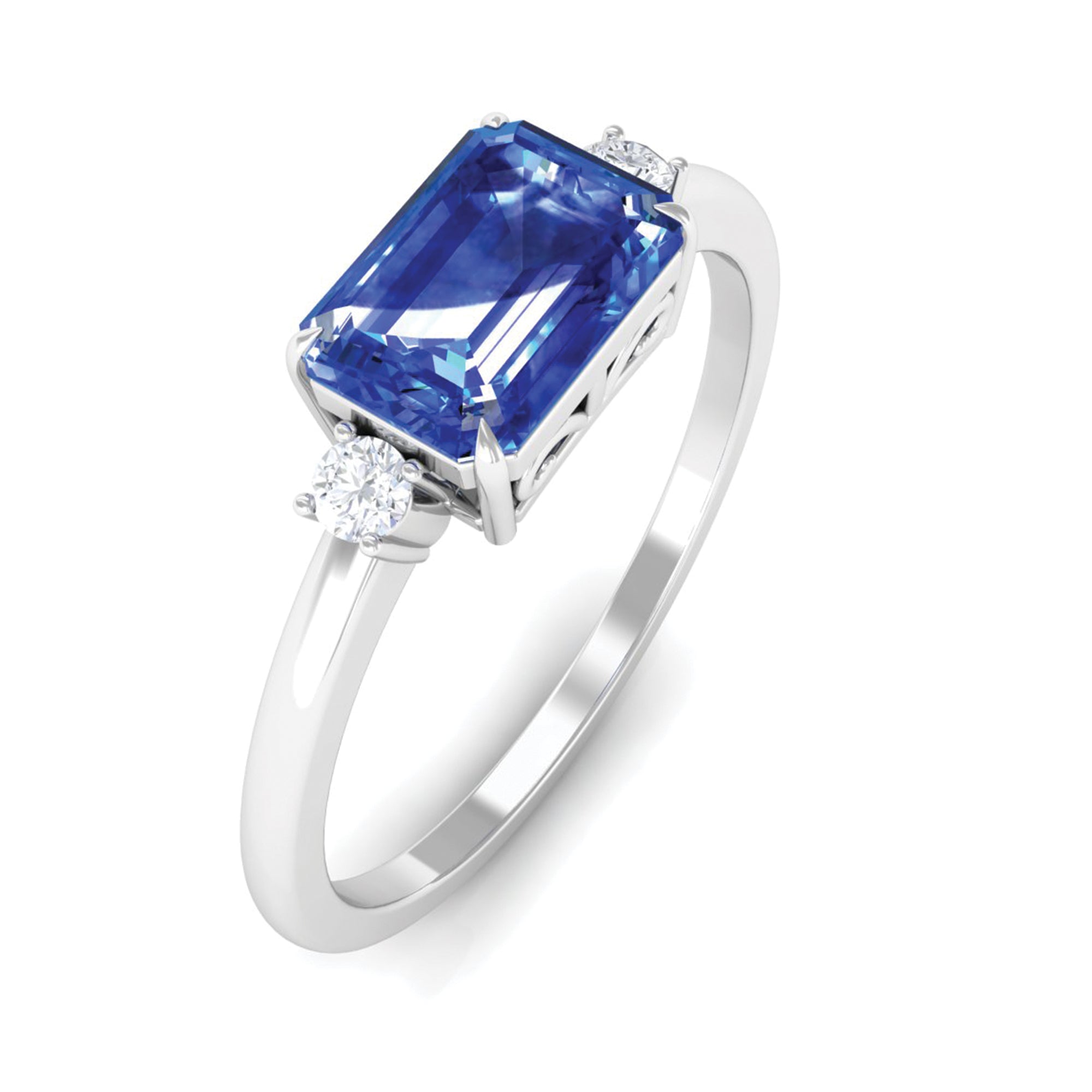 Rosec Jewels-Octagon Cut Created Blue Sapphire East West Engagement Ring with Diamond