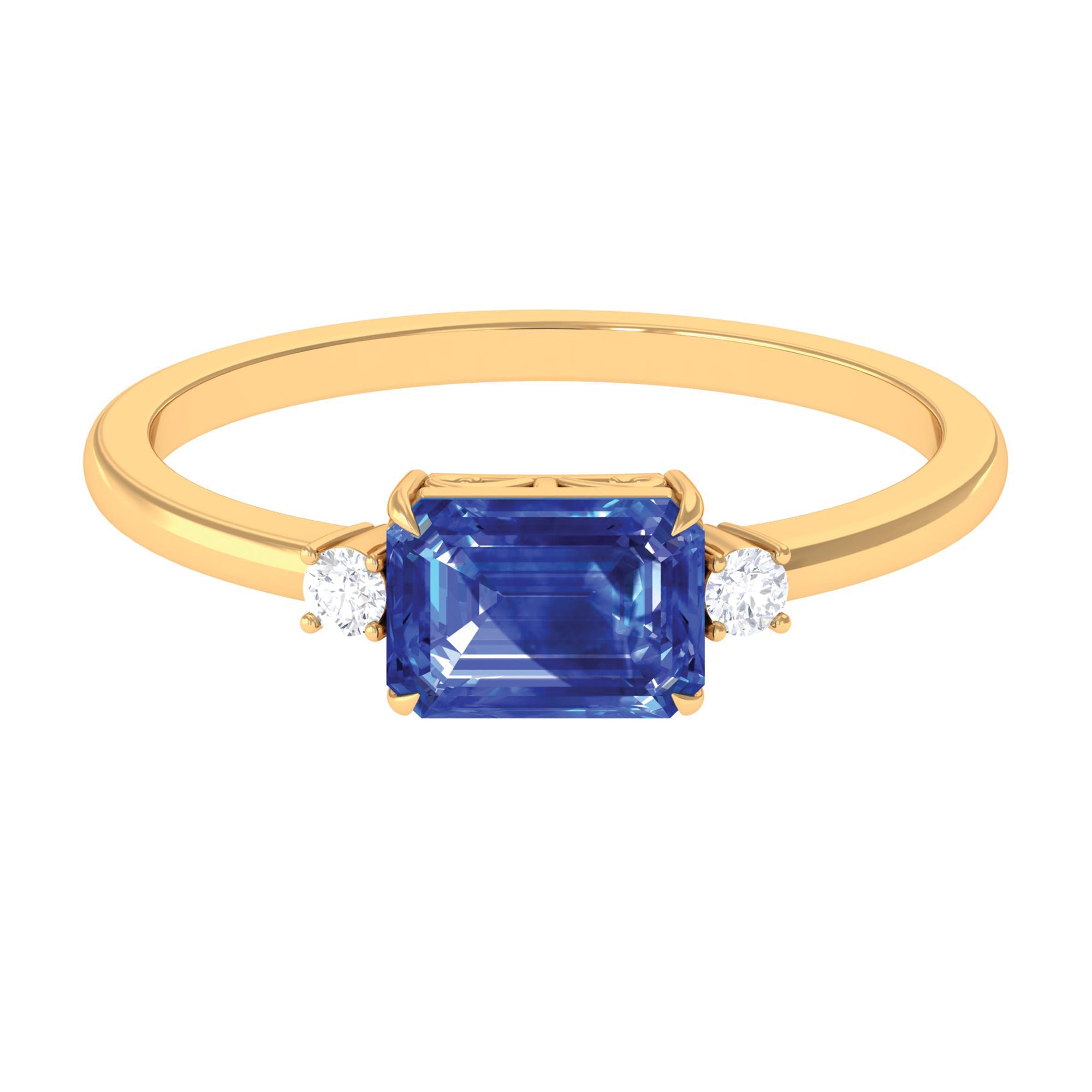 Rosec Jewels-Octagon Cut Created Blue Sapphire East West Engagement Ring with Diamond