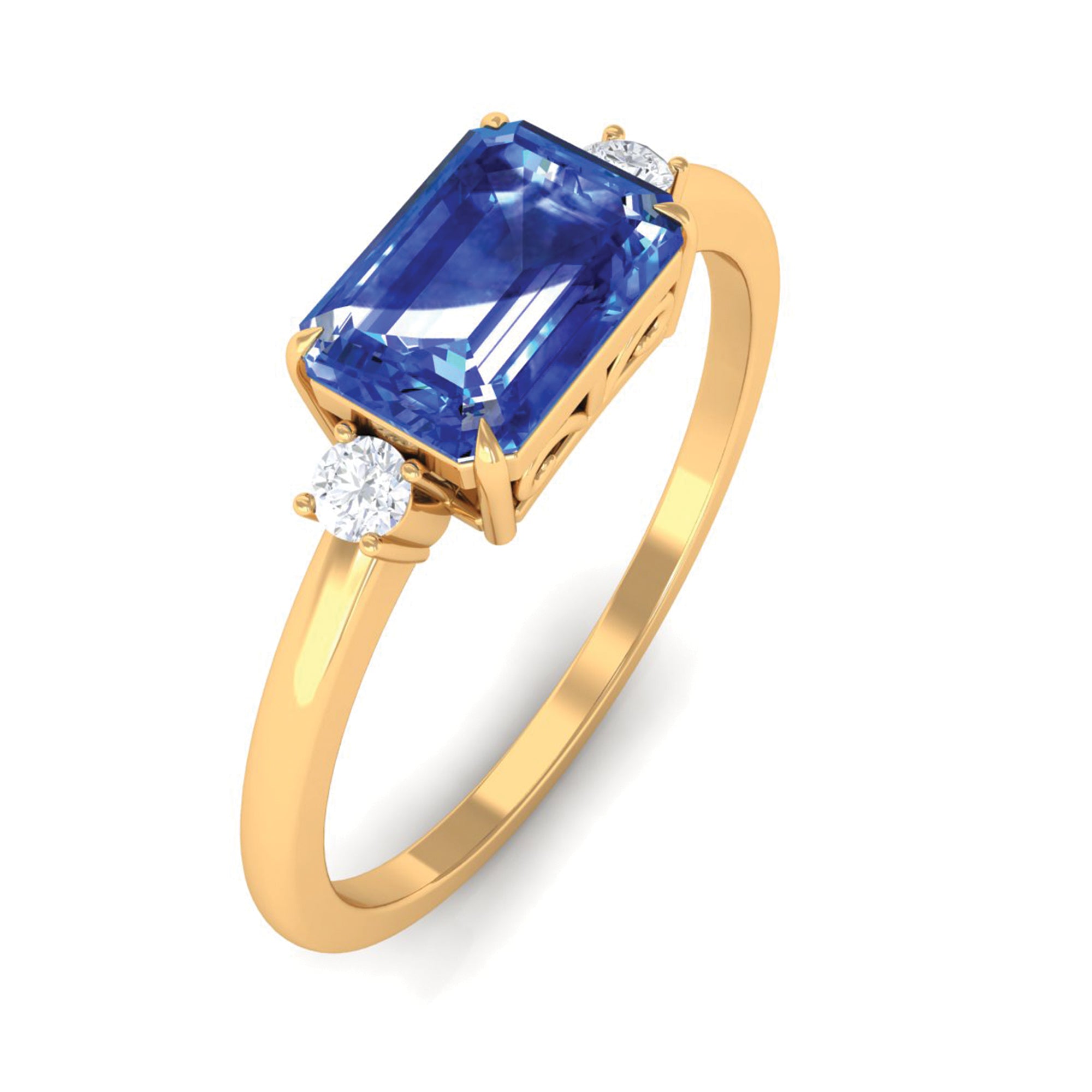 Rosec Jewels-Octagon Cut Created Blue Sapphire East West Engagement Ring with Diamond