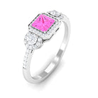 Rosec Jewels-Princess Cut Pink Sapphire Engagement Ring with Diamond Halo