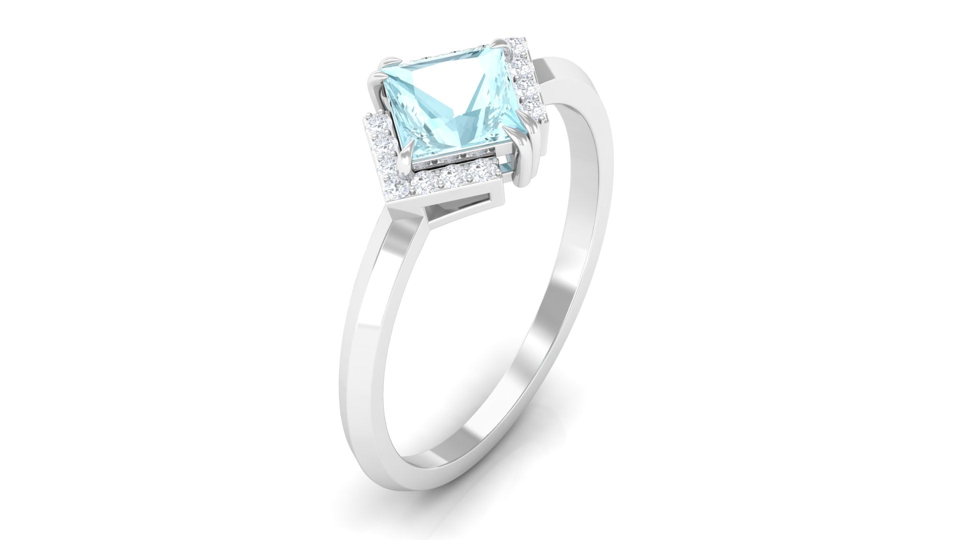 Rosec Jewels-Princess Cut Sky Blue Topaz Simple Engagement Ring with Diamond