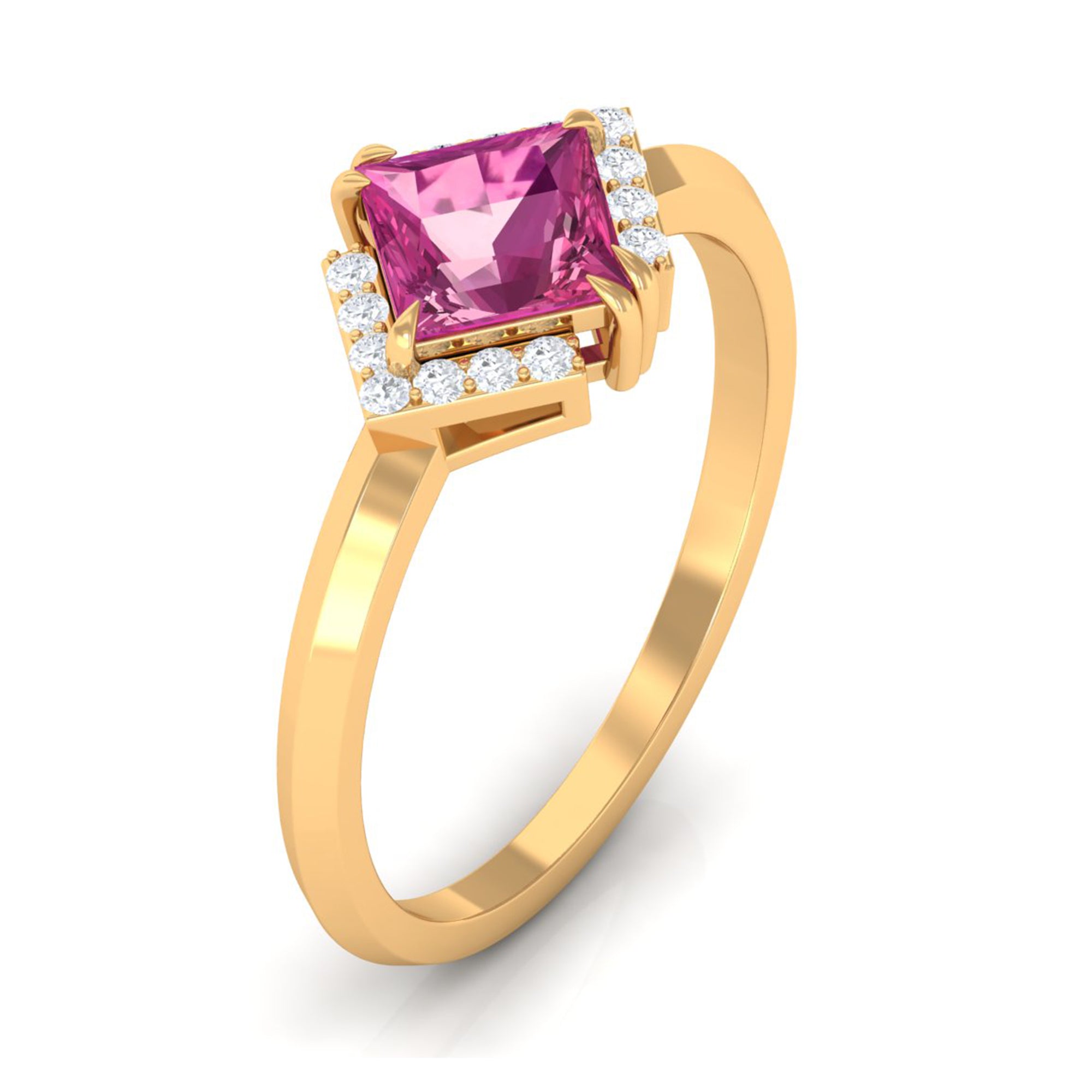 Rosec Jewels-Contemporary Princess Cut Pink Tourmaline Engagement Ring with Diamond