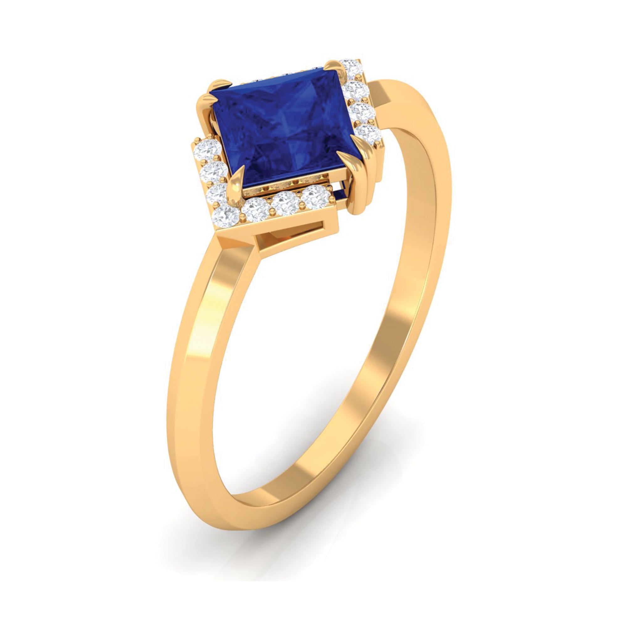 Rosec Jewels-Princess Cut Created Blue Sapphire Simple Engagement Ring with Diamond