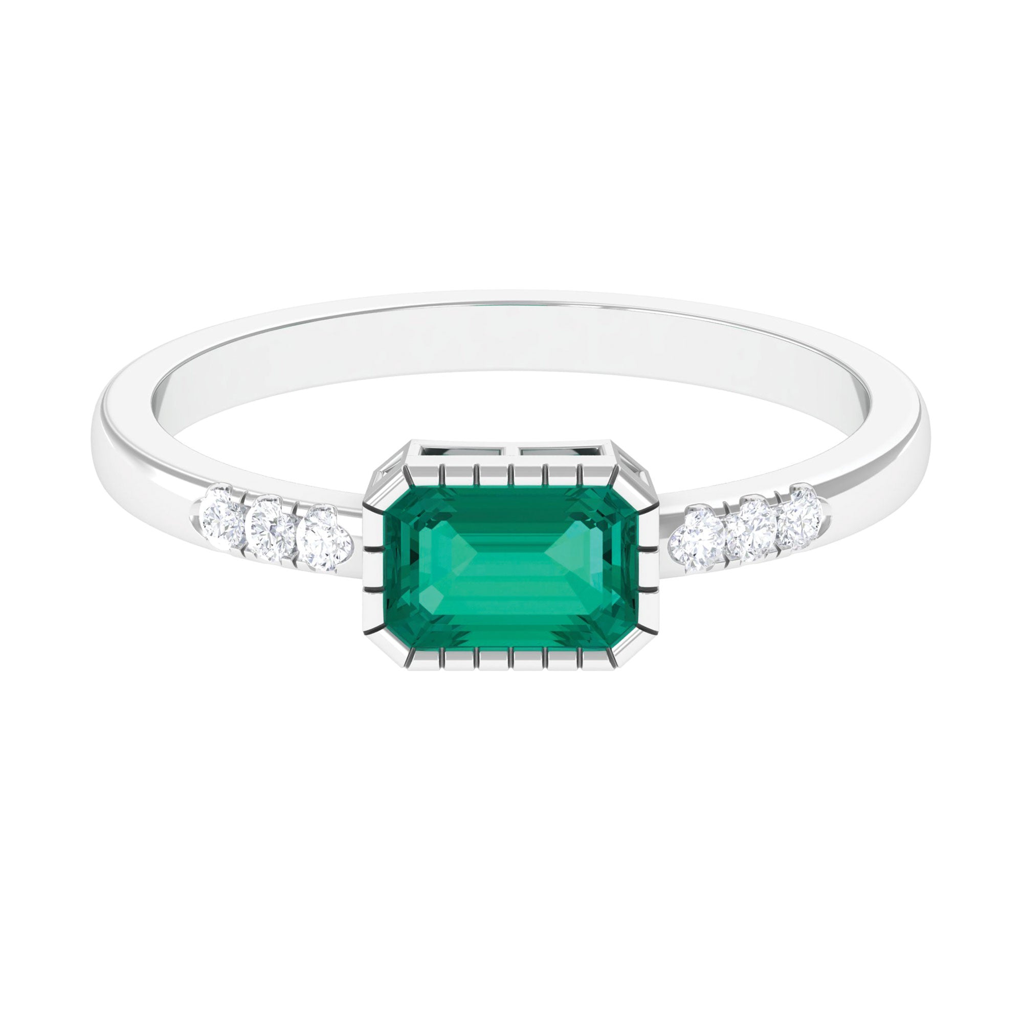 Rosec Jewels-Octagon Cut Emerald East West Engagement Ring with Diamond Accent