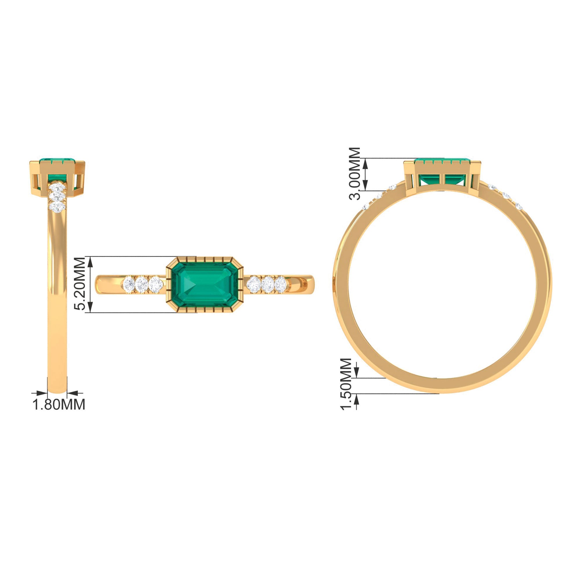 Rosec Jewels-Octagon Cut Emerald East West Engagement Ring with Diamond Accent