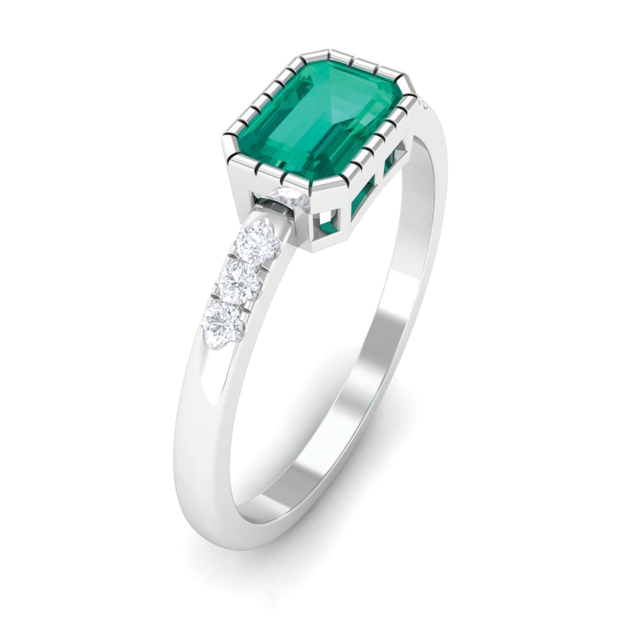 Rosec Jewels-Octagon Cut Emerald East West Engagement Ring with Diamond Accent