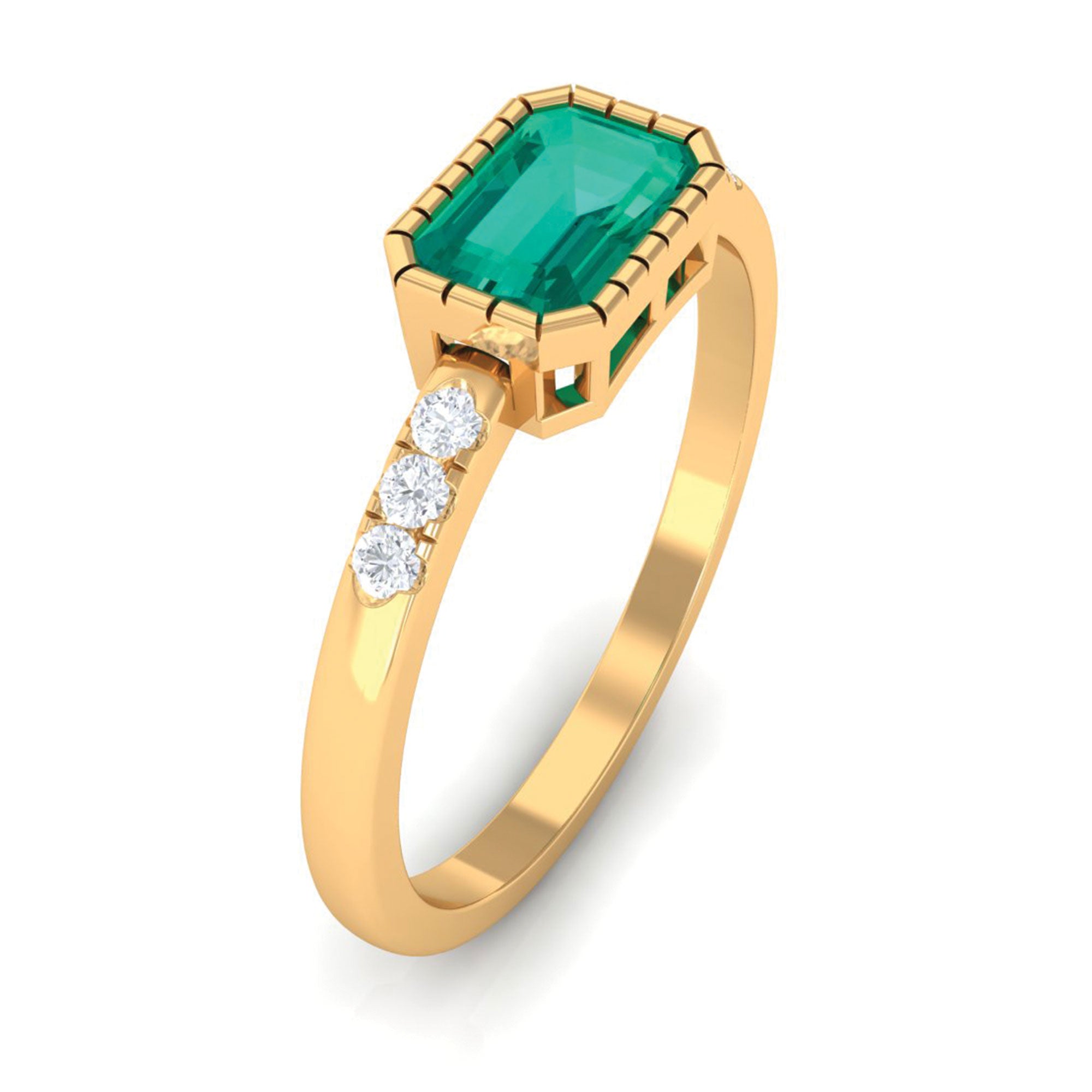 Rosec Jewels-Octagon Cut Emerald East West Engagement Ring with Diamond Accent